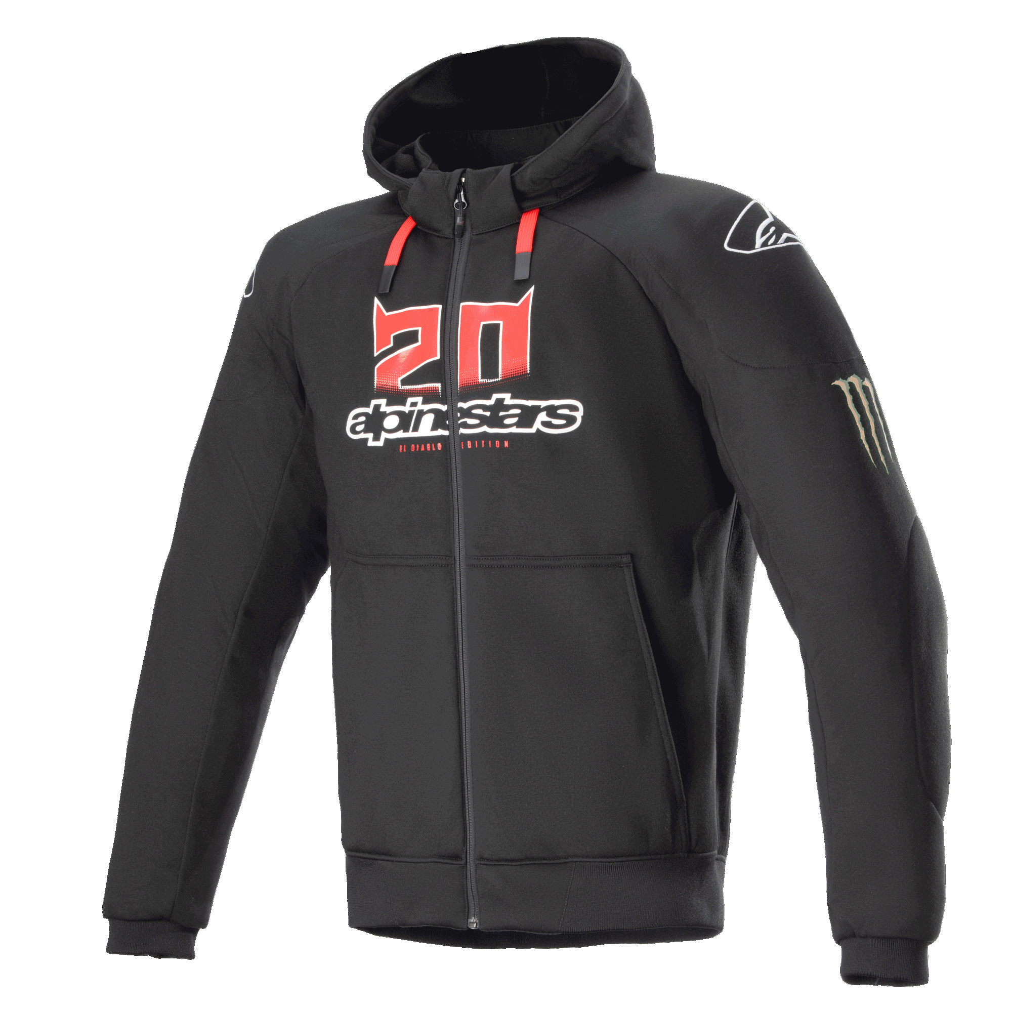 Alpinestars FQ20 Chrome Ignition Monster Hoodie, sudadera de moto negra con cremallera, logotipo '20' rojo y blanco en el pecho, marca Alpinestars, cordones rojos, logotipo blanco en el hombro, garra de Monster Energy en la manga, equipamiento protector para conducción urbana