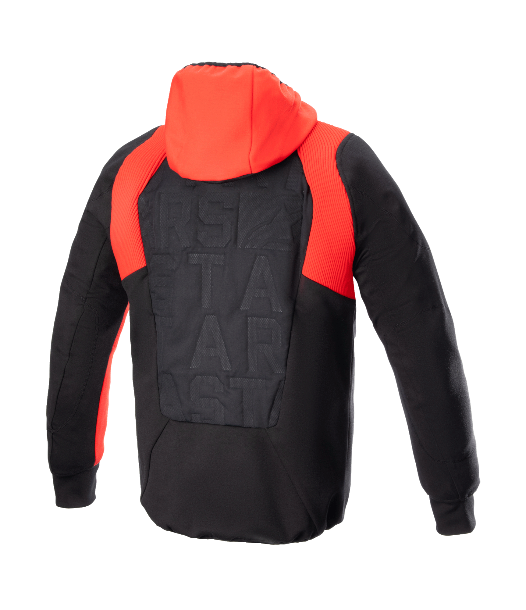 Chaqueta con capucha Alpinestars MO.ST.EQ Hybrid, vista trasera, negro y rojo llama, con capucha de color rojo brillante y detalles acanalados en los hombros, panel trasero acolchado sin costuras con logotipo en el mismo tono, sudadera protectora de moto urbana