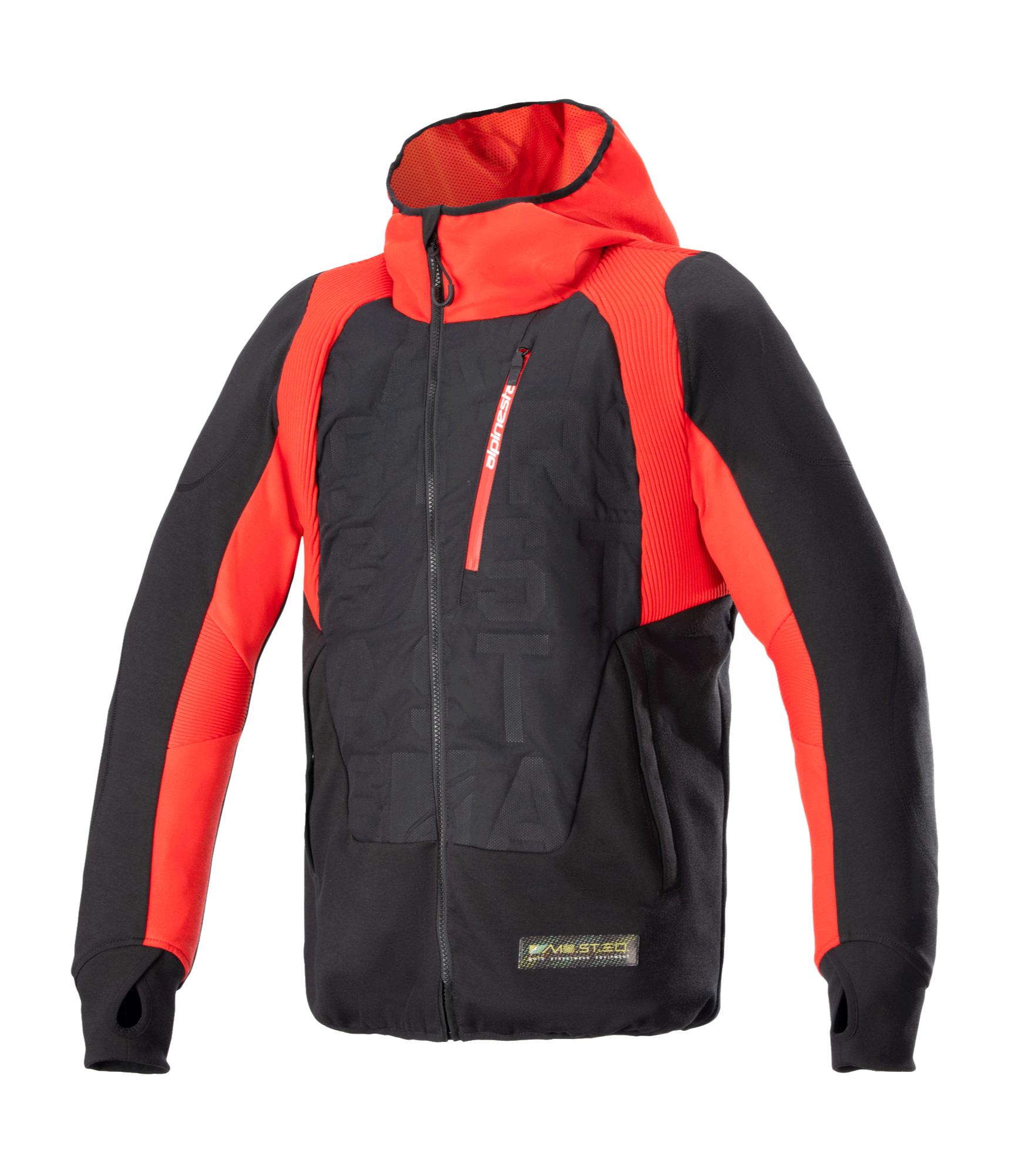 Alpinestars MO.ST.EQ Hybrid Hooded Jacket, chaqueta técnica con capucha para moto, negro y rojo llama, con cremallera frontal inclinada, bolsillo rojo en el pecho, patrón en relieve en el torso y presillas para los pulgares, combinando el estilo urbano con protección para el motorista