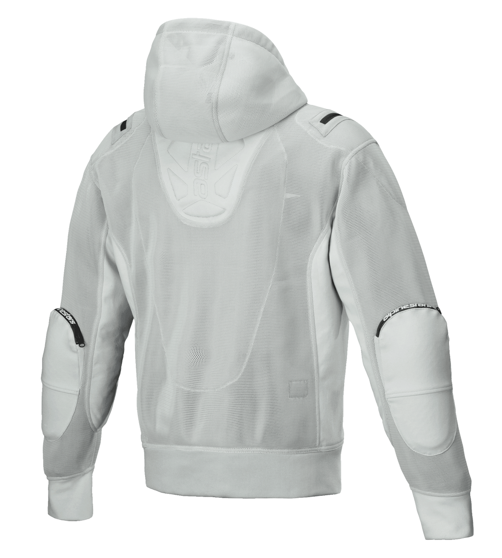 Sudadera con capucha Alpinestars Moflow Air Tech, chaqueta de moto para hombre, gris, vista trasera con construcción completa de malla de alta densidad, capucha de malla, paneles reforzados en los codos y marca sutil de Alpinestars, diseño de estilo técnico urbano
