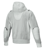 Sudadera con capucha Alpinestars Moflow Air Tech, chaqueta de moto para hombre, gris, vista trasera con construcción completa de malla de alta densidad, capucha de malla, paneles reforzados en los codos y marca sutil de Alpinestars, diseño de estilo técnico urbano