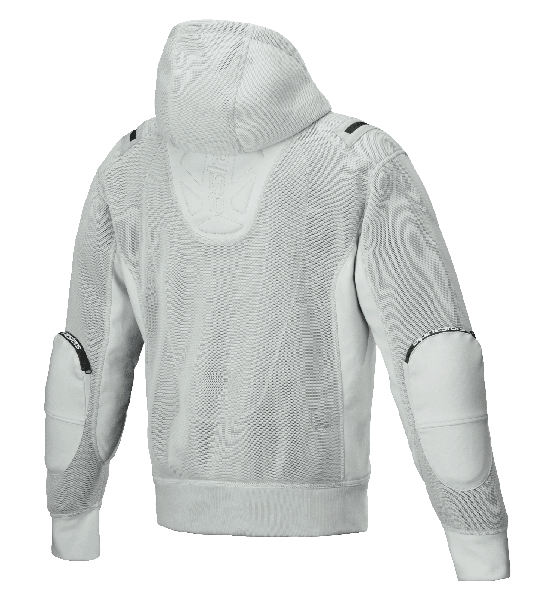 Sudadera con capucha Alpinestars Moflow Air Tech, chaqueta de moto para hombre, gris, vista trasera con construcción completa de malla de alta densidad, capucha de malla, paneles reforzados en los codos y marca sutil de Alpinestars, diseño de estilo técnico urbano