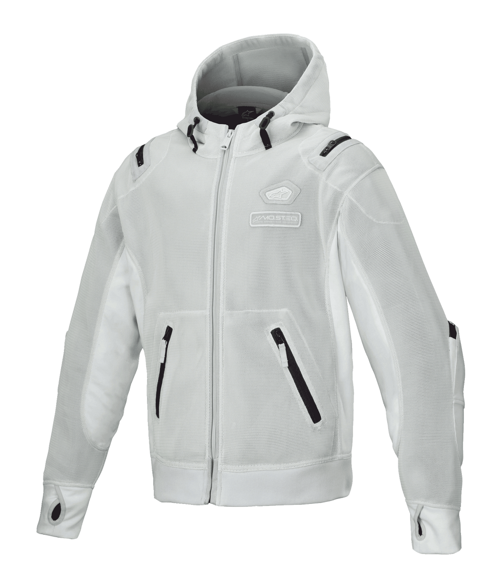 Alpinestars Moflow Air Tech Hoodie, chaqueta de malla para moto para hombre, gris claro con detalles negros, construcción completa de malla, bolsillos con cremallera, puños con orificios para los pulgares, equipamiento de conducción urbana