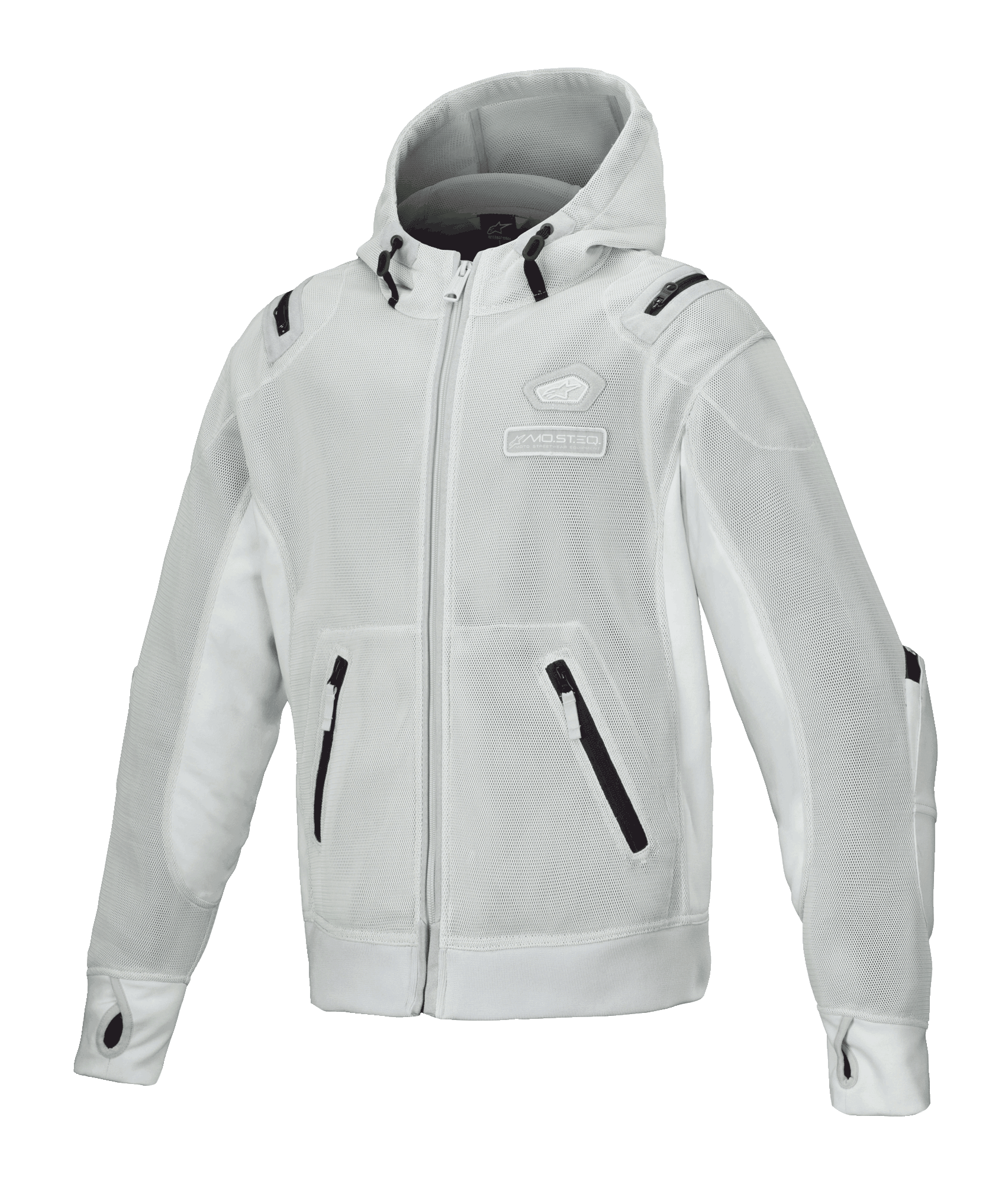 Alpinestars Moflow Air Tech Hoodie, chaqueta de malla para moto para hombre, gris claro con detalles negros, construcción completa de malla, bolsillos con cremallera, puños con orificios para los pulgares, equipamiento de conducción urbana