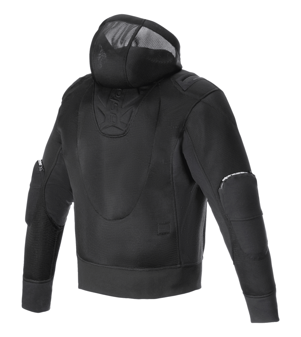 Alpinestars Moflow Air Tech Hoodie, sudadera de moto para hombre en color negro, vista trasera que muestra su construcción de malla de alta densidad, capucha integrada y paneles protectores en los codos, diseñada para máxima ventilación y estilo urbano.