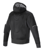 Alpinestars Moflow Air Tech Hoodie, sudadera de moto para hombre en color negro, vista trasera que muestra su construcción de malla de alta densidad, capucha integrada y paneles protectores en los codos, diseñada para máxima ventilación y estilo urbano.