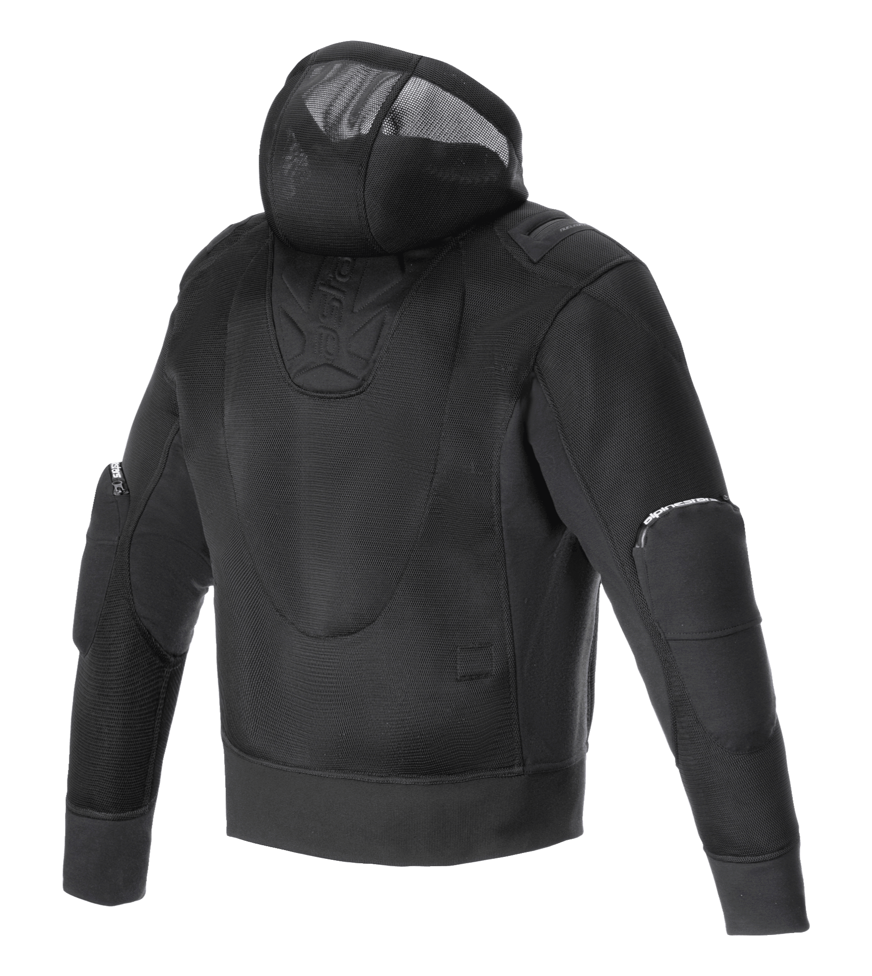Alpinestars Moflow Air Tech Hoodie, sudadera de moto para hombre en color negro, vista trasera que muestra su construcción de malla de alta densidad, capucha integrada y paneles protectores en los codos, diseñada para máxima ventilación y estilo urbano.