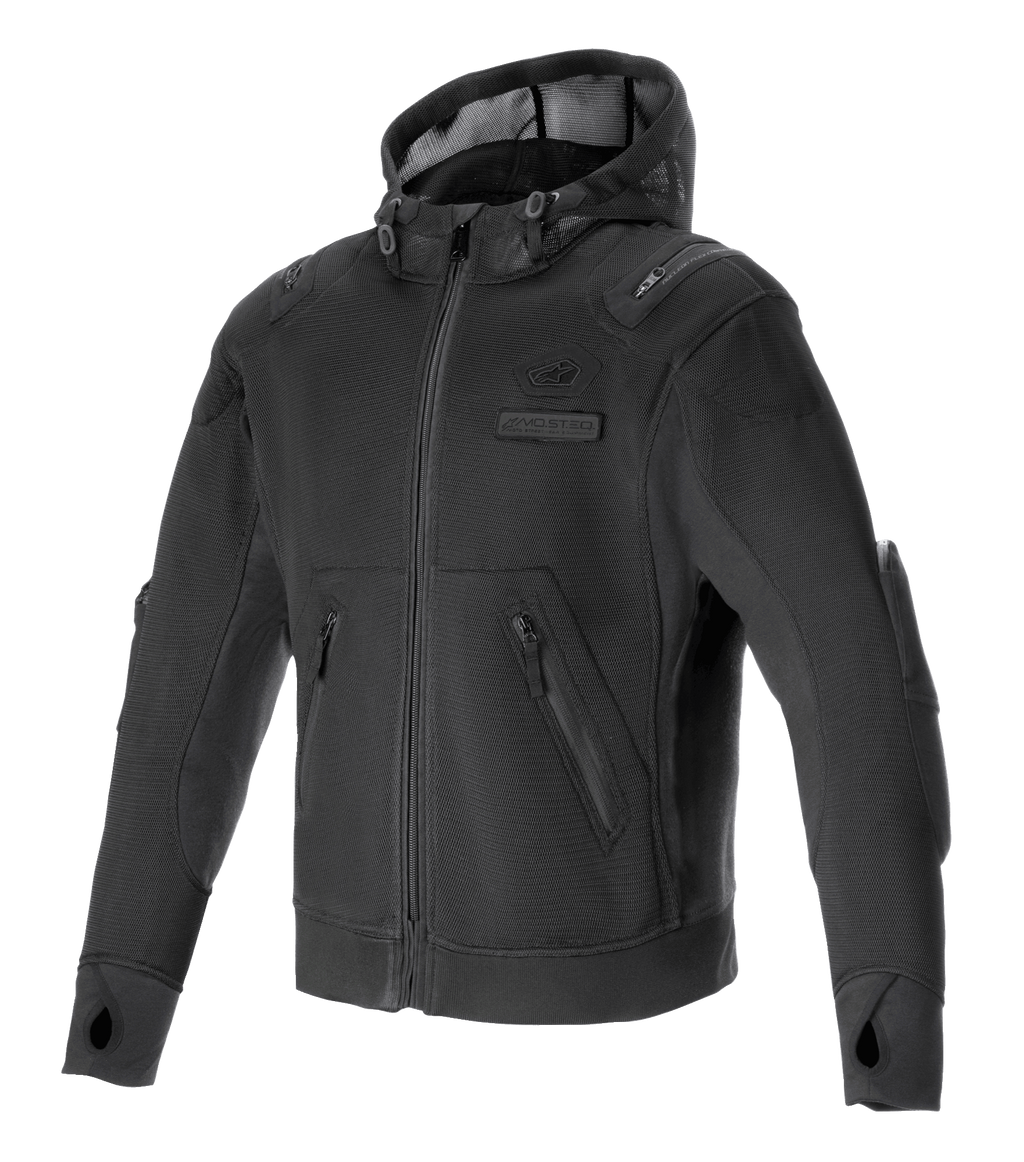 Alpinestars Moflow Air Tech Hoodie, sudadera de alto rendimiento para moto en color negro con chasis de malla de alta densidad, bolsillos laterales con cremallera, agujeros para pulgares en los puños, protección integrada en hombros y codos, capucha de malla con cordón, diseño deportivo urbano para climas cálidos