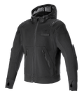 Alpinestars Moflow Air Tech Hoodie, sudadera de alto rendimiento para moto en color negro con chasis de malla de alta densidad, bolsillos laterales con cremallera, agujeros para pulgares en los puños, protección integrada en hombros y codos, capucha de malla con cordón, diseño deportivo urbano para climas cálidos