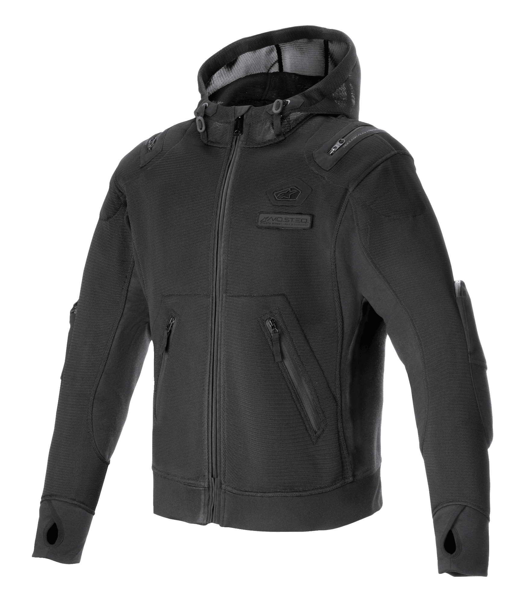 Alpinestars Moflow Air Tech Hoodie, sudadera de alto rendimiento para moto en color negro con chasis de malla de alta densidad, bolsillos laterales con cremallera, agujeros para pulgares en los puños, protección integrada en hombros y codos, capucha de malla con cordón, diseño deportivo urbano para climas cálidos