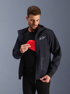 Alpinestars Radium Tech Hoodie, black urban motorcycle jacket featuring a red Nucleon Flex Plus armor insert.