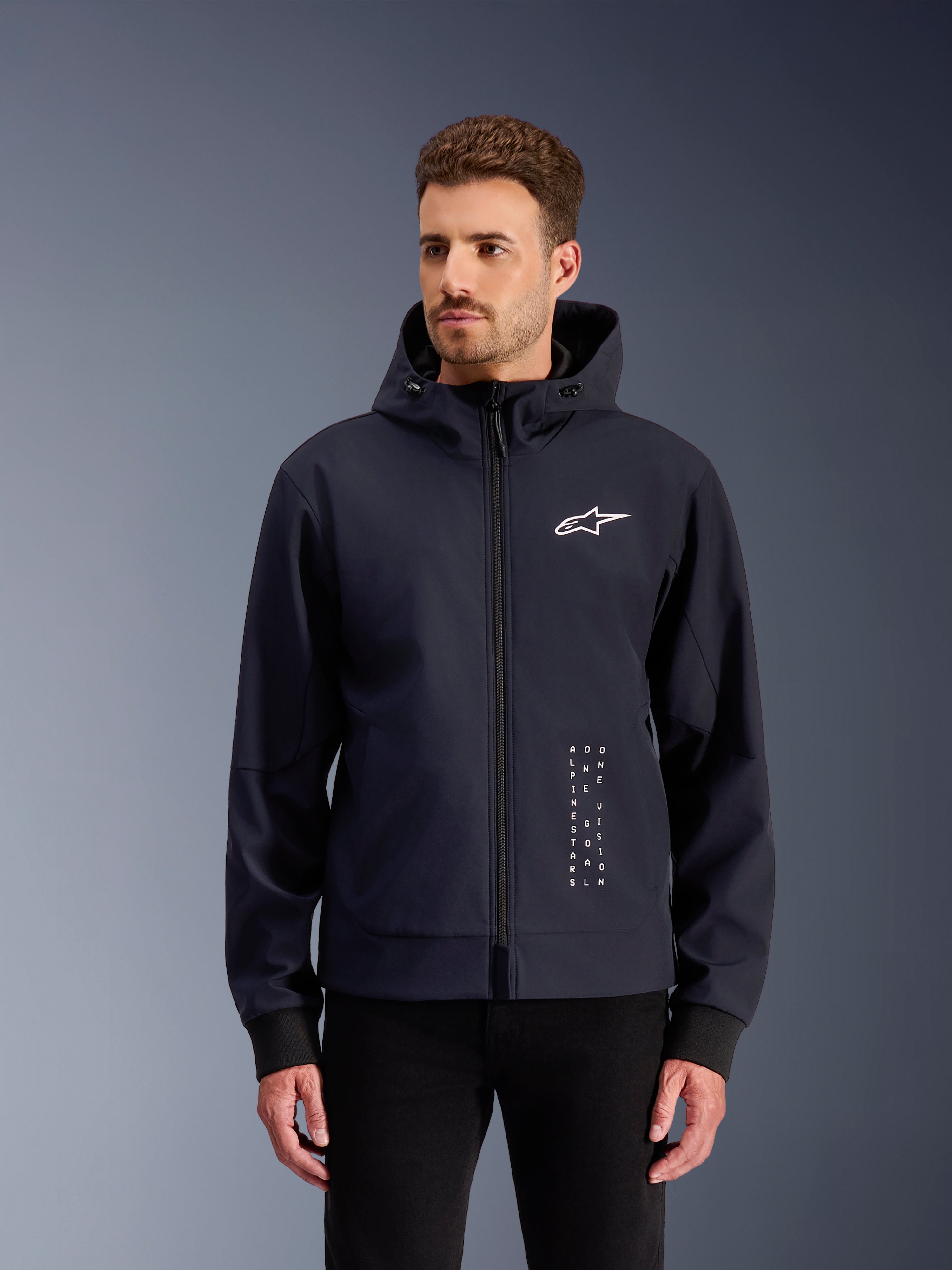 Alpinestars Radium Tech Hoodie, black men's windproof urban motorcycle jacket with a lightweight 3L tech shell.