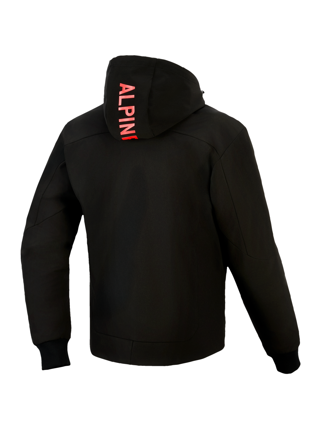 Alpinestars Radium Tech Hoodie, vista trasera, negro con rojo brillante, con marca Alpinestars vertical en la capucha, carcasa técnica de 3 capas cortavientos, puños elásticos acanalados y un ajuste atlético urbano estilizado.