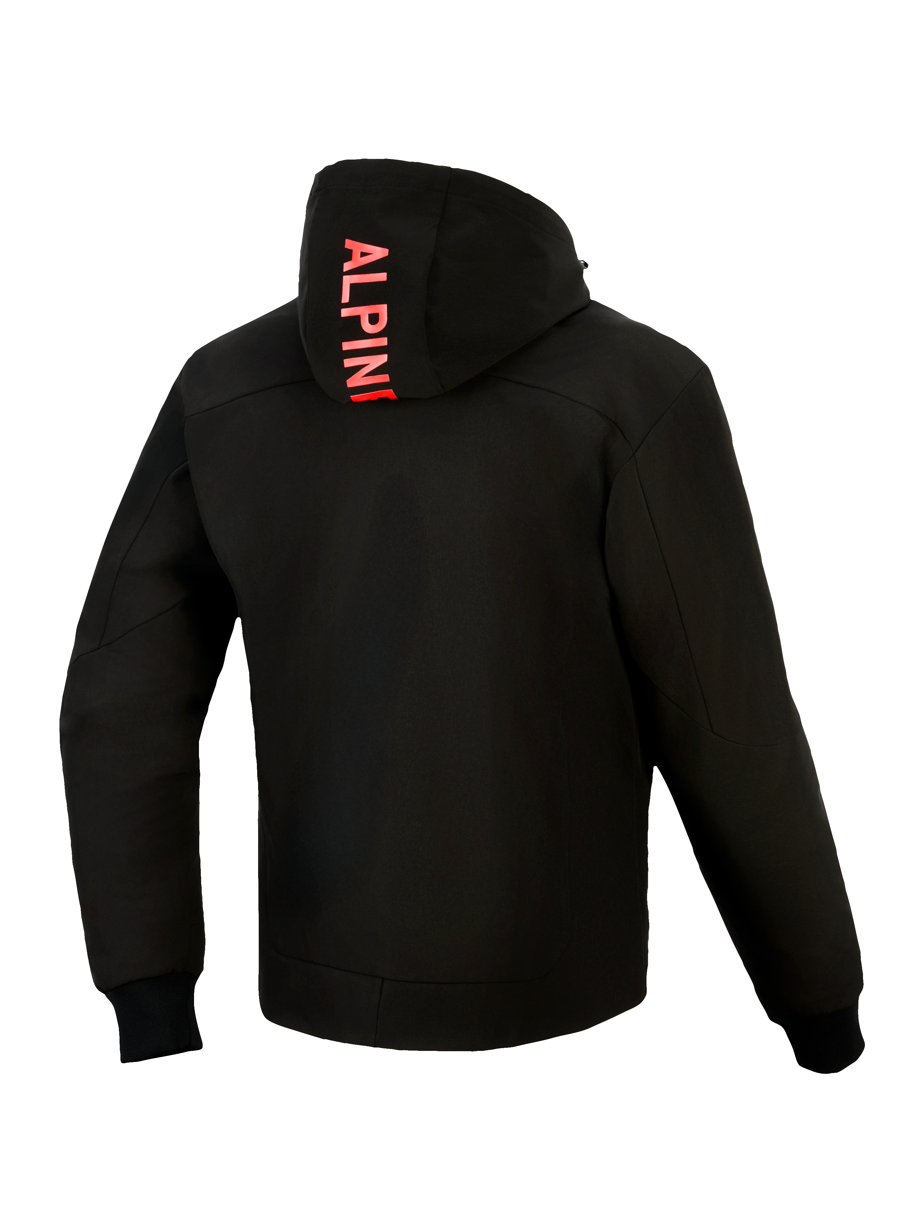 Alpinestars Radium Tech Hoodie, vista trasera, negro con rojo brillante, con marca Alpinestars vertical en la capucha, carcasa técnica de 3 capas cortavientos, puños elásticos acanalados y un ajuste atlético urbano estilizado.