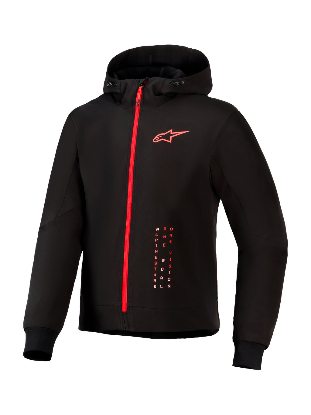 Alpinestars Radium Tech Hoodie, chaqueta de motociclismo urbana, negro y rojo brillante, con cremallera roja de longitud completa, logotipo Alpinestars rojo en el pecho, capucha con cordón y puños acanalados en una capa técnica cortavientos.