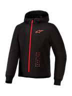 Alpinestars Radium Tech Hoodie, chaqueta de motociclismo urbana, negro y rojo brillante, con cremallera roja de longitud completa, logotipo Alpinestars rojo en el pecho, capucha con cordón y puños acanalados en una capa técnica cortavientos.