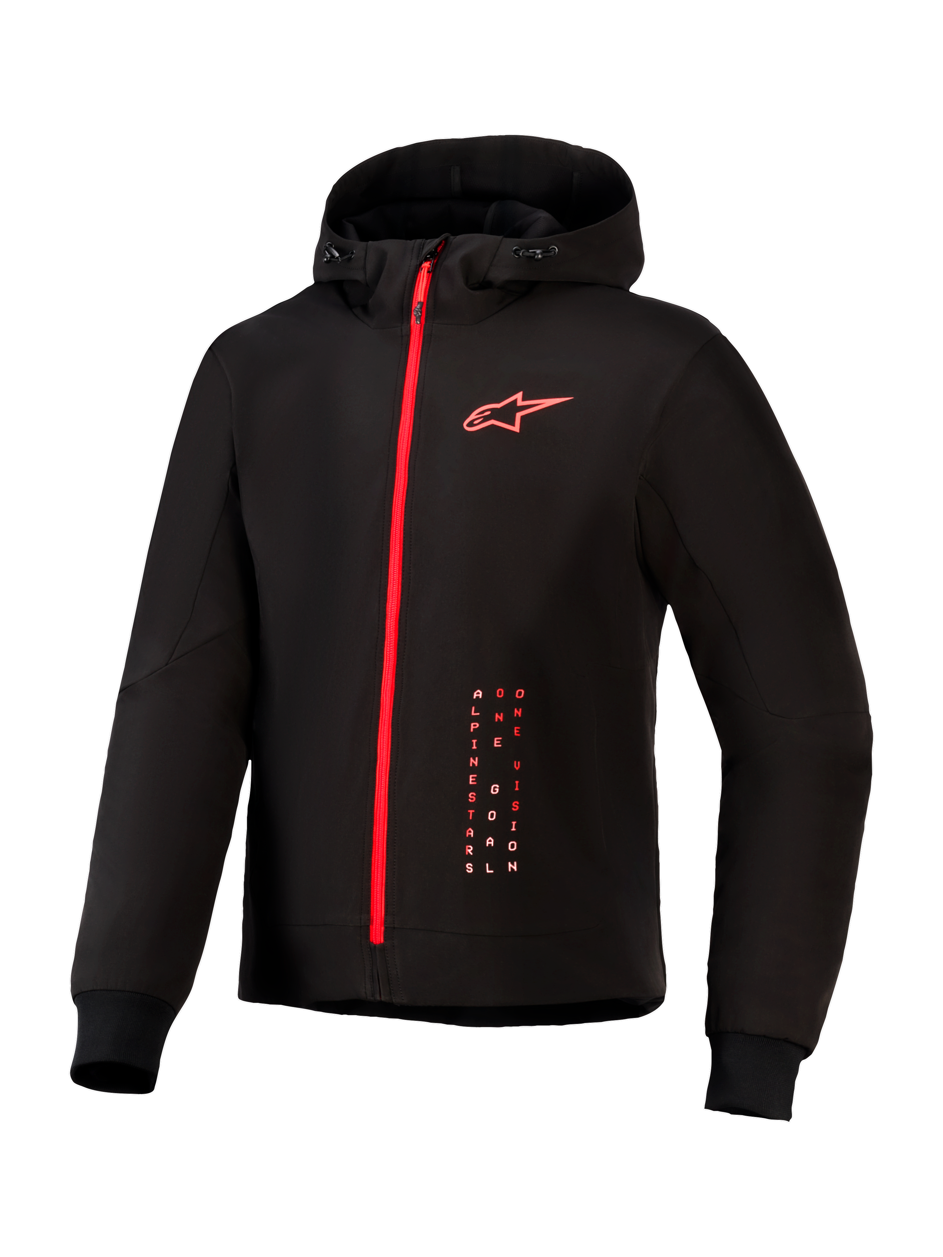 Alpinestars Radium Tech Hoodie, chaqueta de motociclismo urbana, negro y rojo brillante, con cremallera roja de longitud completa, logotipo Alpinestars rojo en el pecho, capucha con cordón y puños acanalados en una capa técnica cortavientos.