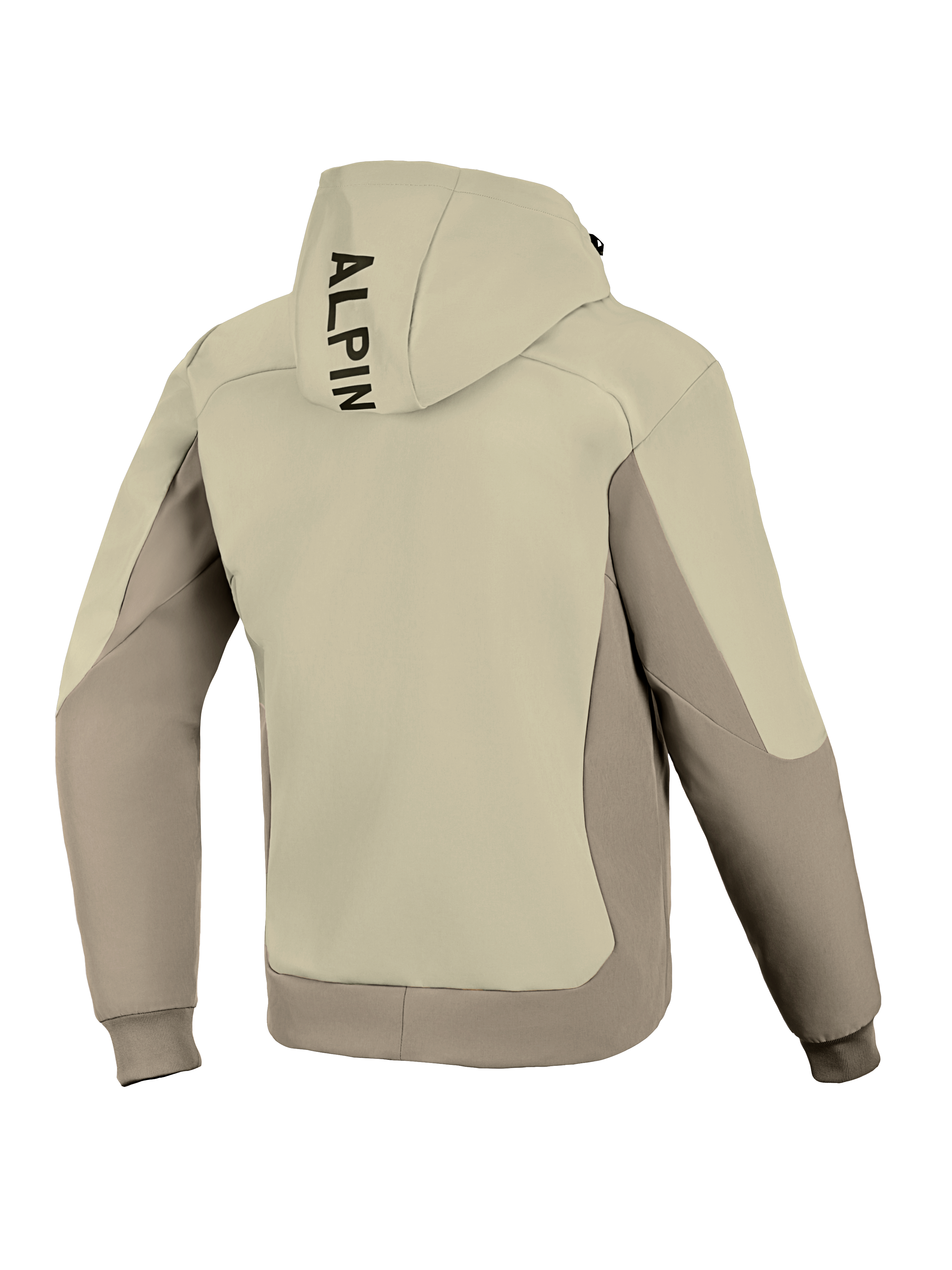 Alpinestars Radium Tech Hoodie, vista trasera, Mastic Aluminum, chaqueta de moto urbana, diseño textil en dos tonos beige y gris, logotipo negro vertical en la capucha, puños y dobladillo acanalados, carcasa técnica cortaviento para conducción urbana.