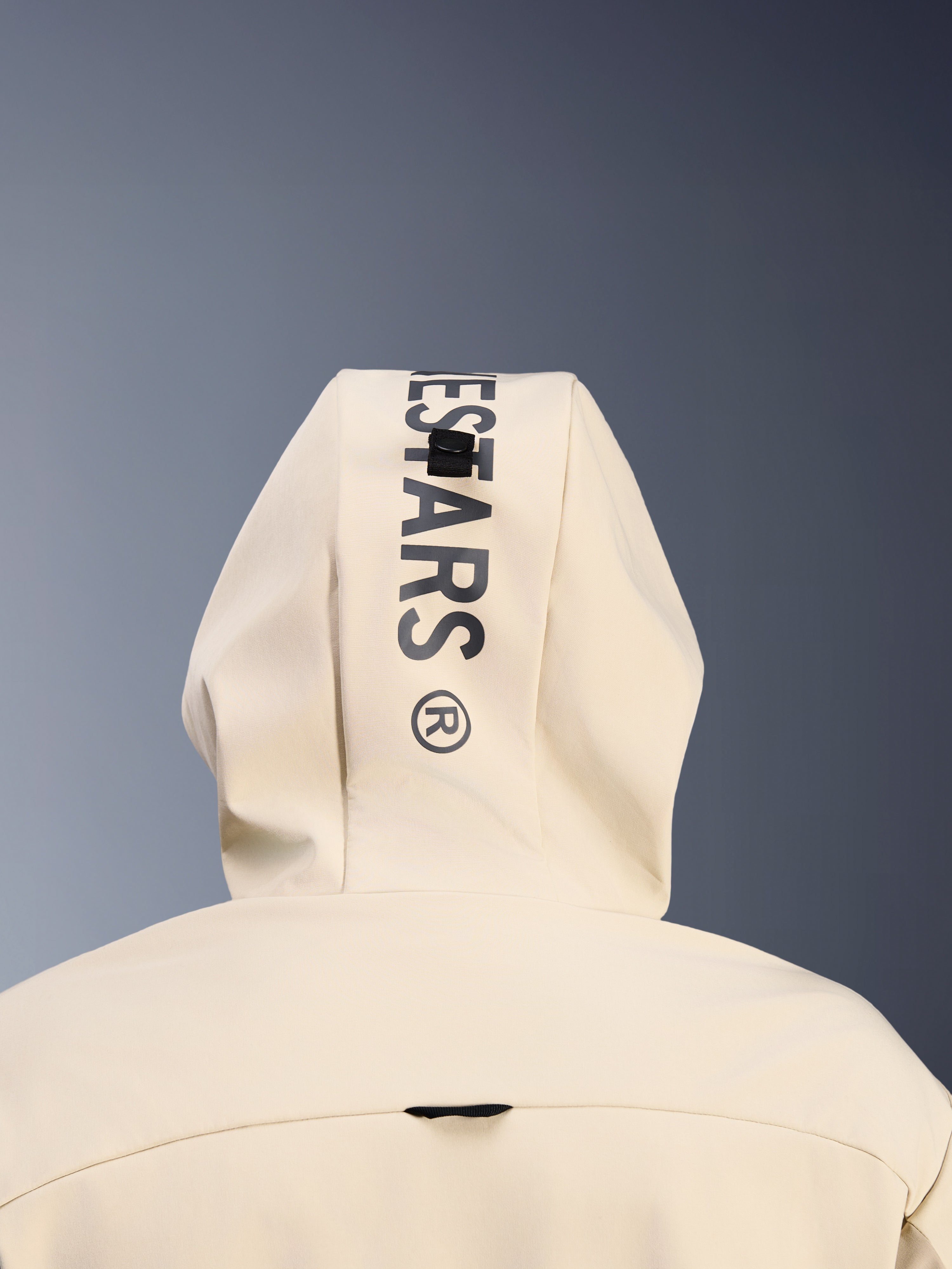 Alpinestars Radium Tech Hoodie en Mastic Aluminum, vista trasera en primer plano de la capucha mostrando la marca vertical negra de Alpinestars y el sistema de lazo de sujeción, detalle de ropa de motociclismo urbana