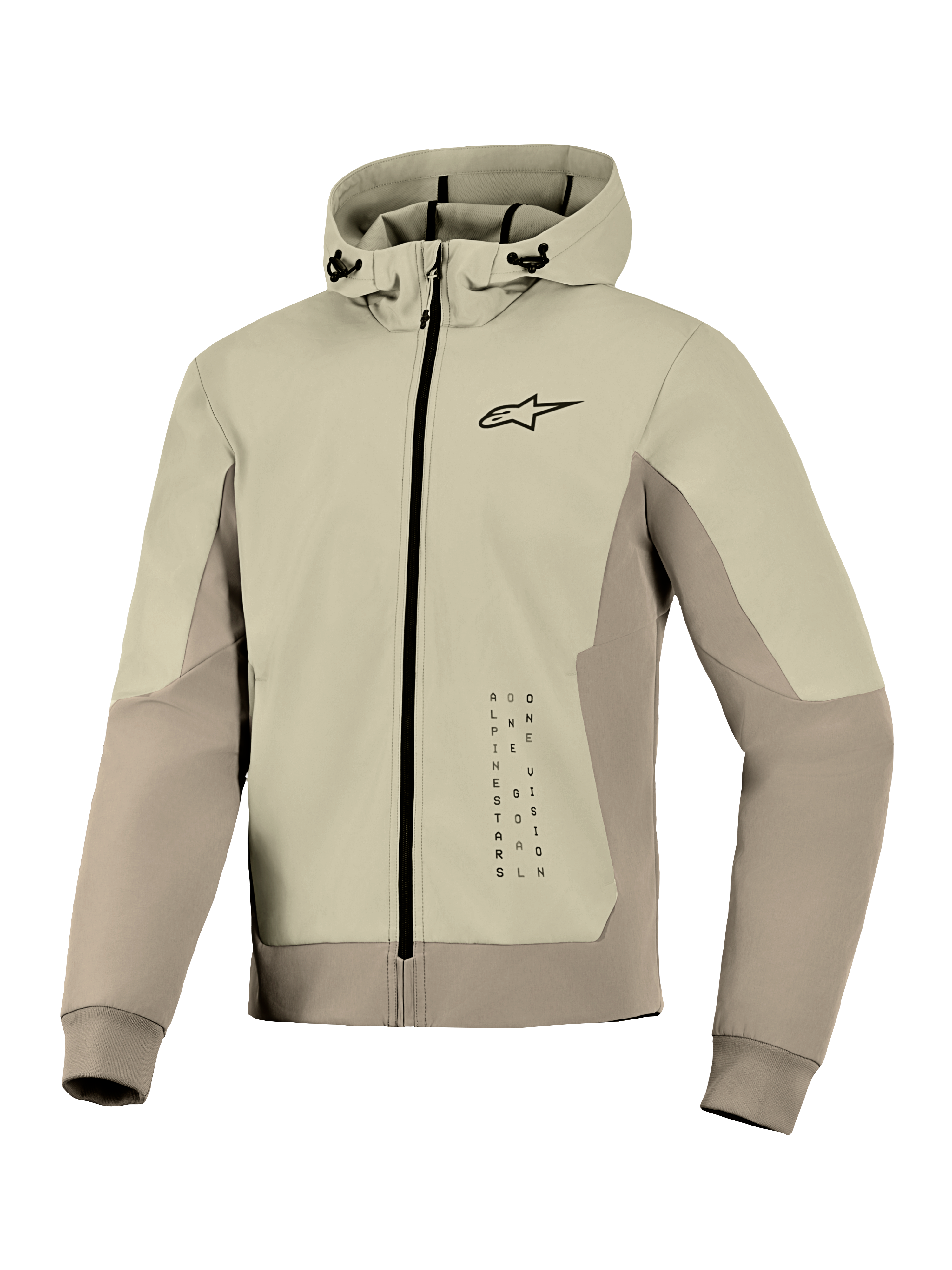 Alpinestars Radium Tech Hoodie, chaqueta técnica de moto con capucha, color Mastic Aluminum, diseño con cremallera, pequeño logo negro en el pecho y gráfico vertical, capa cortaviento con capucha ajustable