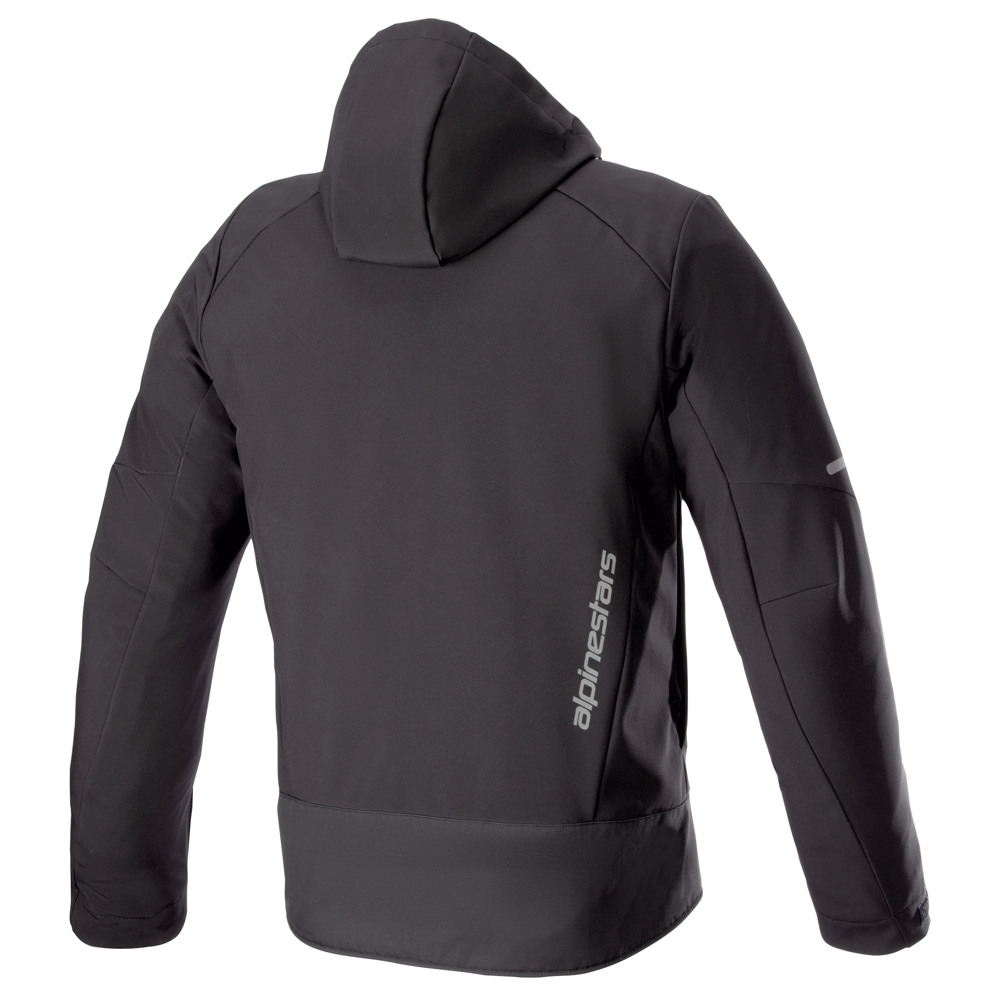 Alpinestars Neo Waterproof Hoodie, chaqueta técnica urbana para motocicleta, negra, vista posterior que muestra la capucha desmontable, logotipo vertical de Alpinestars en color plateado en la parte inferior de la espalda y detalles reflectantes en las mangas.