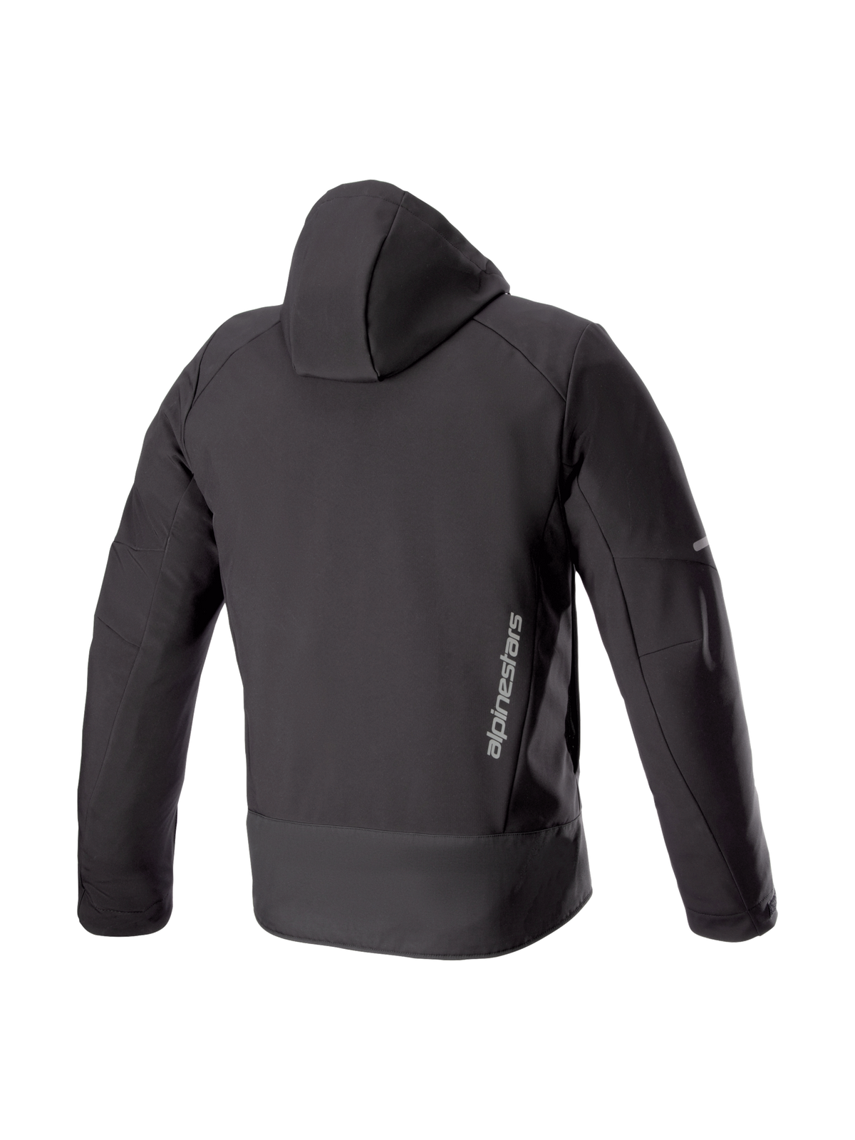 Alpinestars Neo Waterproof Hoodie, chaqueta de moto urbana negra de hombre, vista trasera en softshell impermeable con logo.