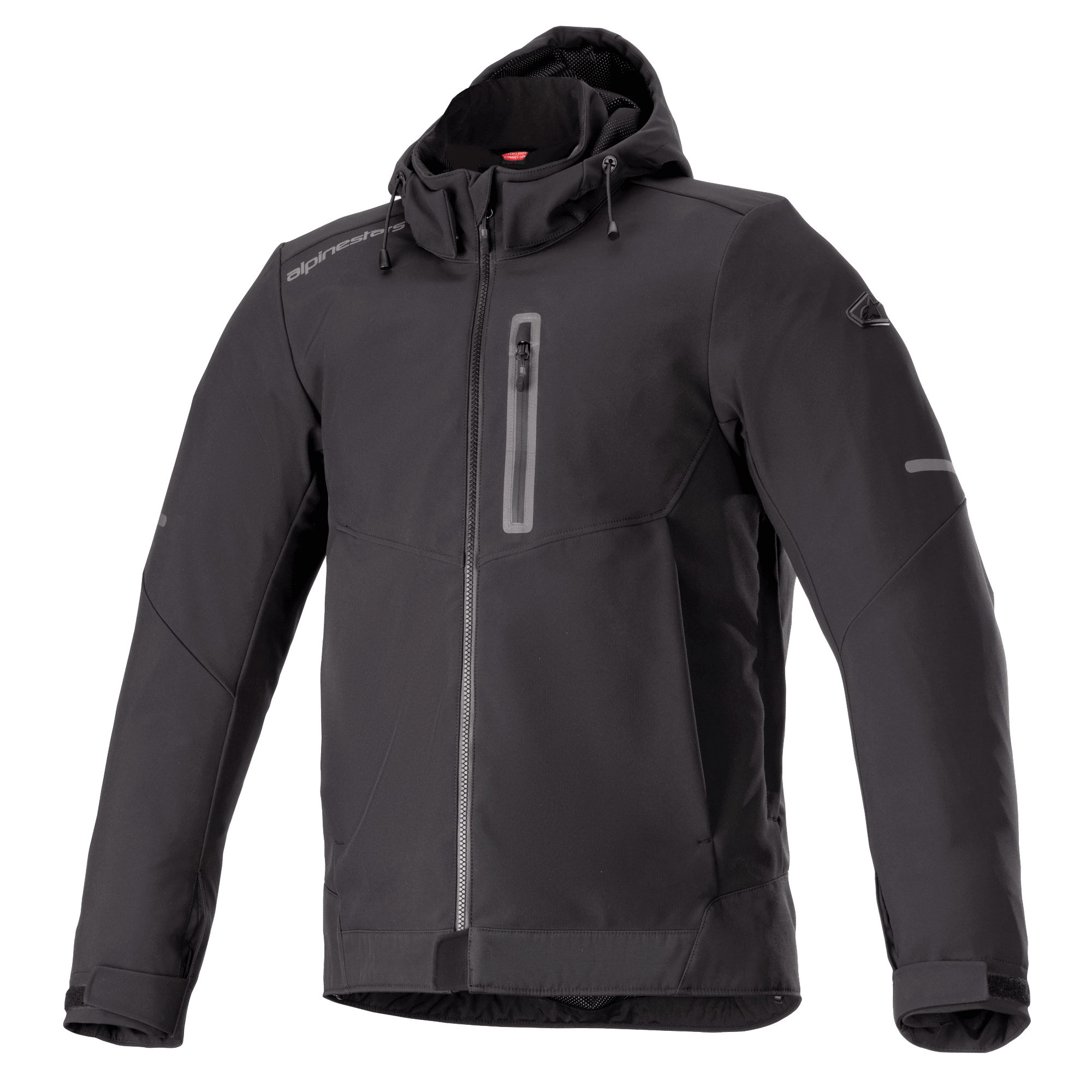 Alpinestars Neo Waterproof Hoodie, chaqueta urbana de moto, negra, tejido suave resistente al agua, cremallera frontal completa, bolsillo vertical en el pecho con cremallera, capucha con cordón, detalles reflectantes en las mangas, puños ajustables con velcro, estilo técnico para desplazamientos urbanos