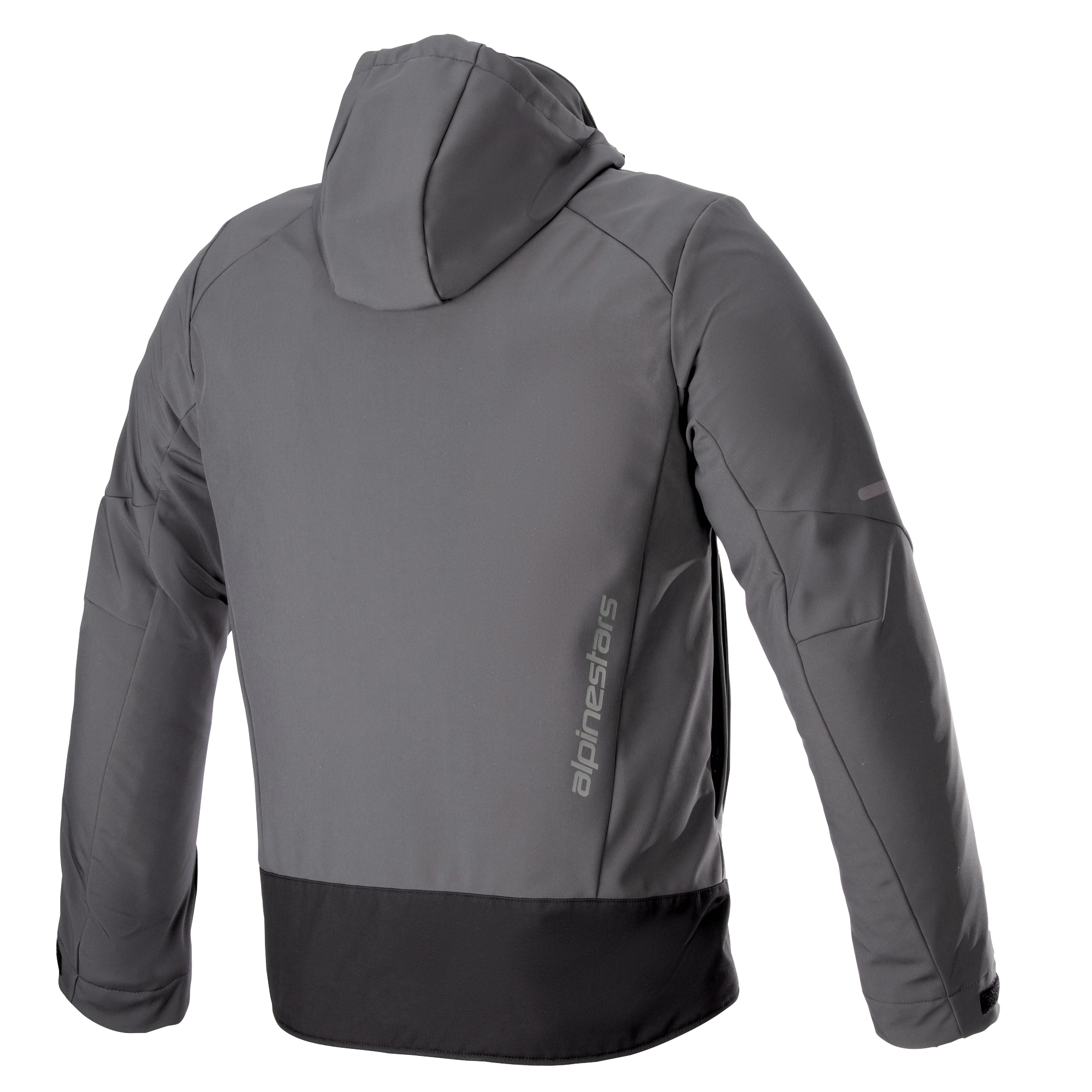 Sudadera Alpinestars Neo Waterproof Hoodie, chaqueta técnica urbana de moto, color Gris Tar y Negro, vista trasera con logotipo vertical de Alpinestars, capucha desmontable, confección en softshell impermeable con panel inferior negro.