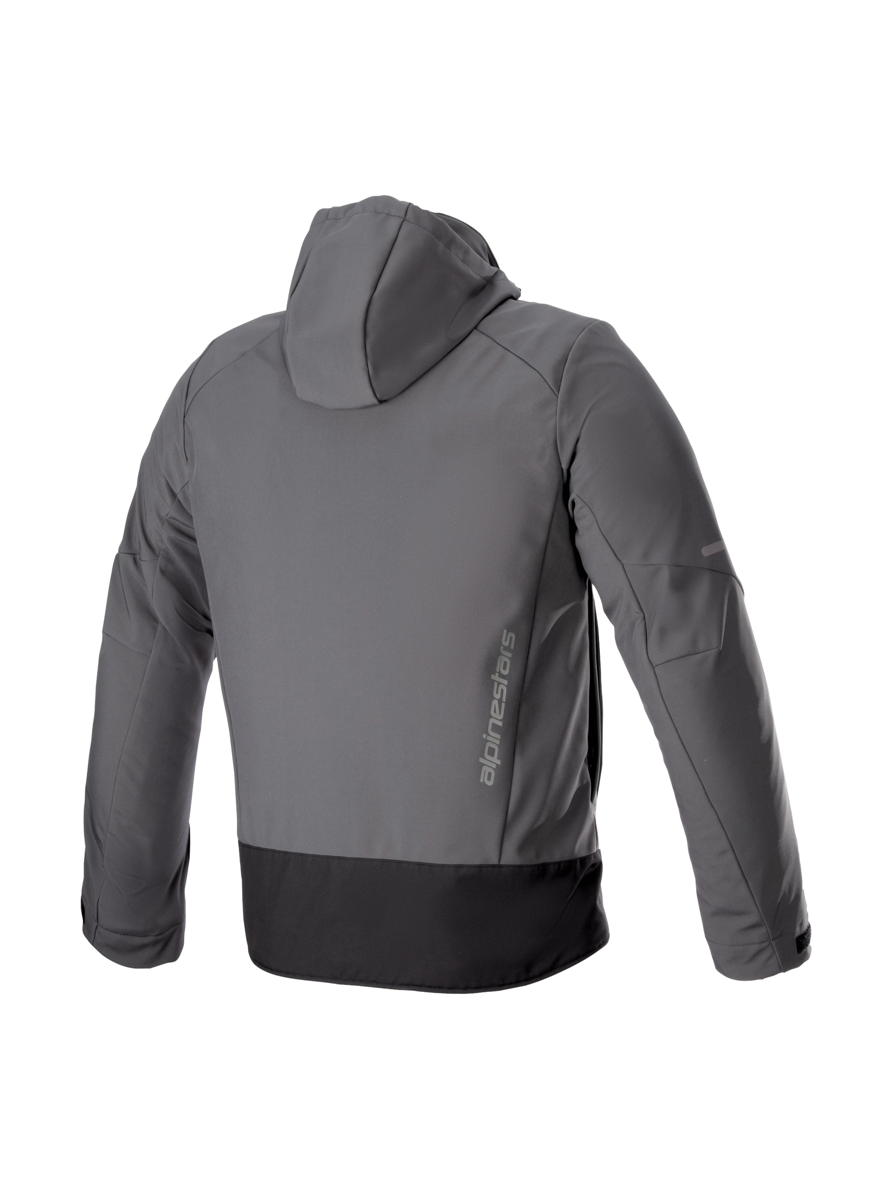 Alpinestars Sudadera Neo Impermeable, chaqueta de moto urbana gris y negra, vista trasera con softshell y logotipo vertical.