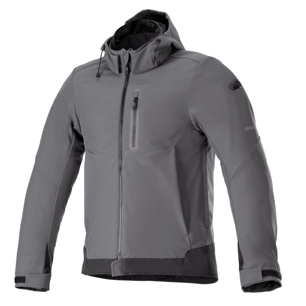 Alpinestars Neo Waterproof Hoodie, chaqueta de moto urbana, gris y negro, chaqueta con capucha y cremallera frontal con bolsillo en el pecho, puños ajustables con velcro, softshell técnico resistente a la intemperie, diseño moderno y elegante