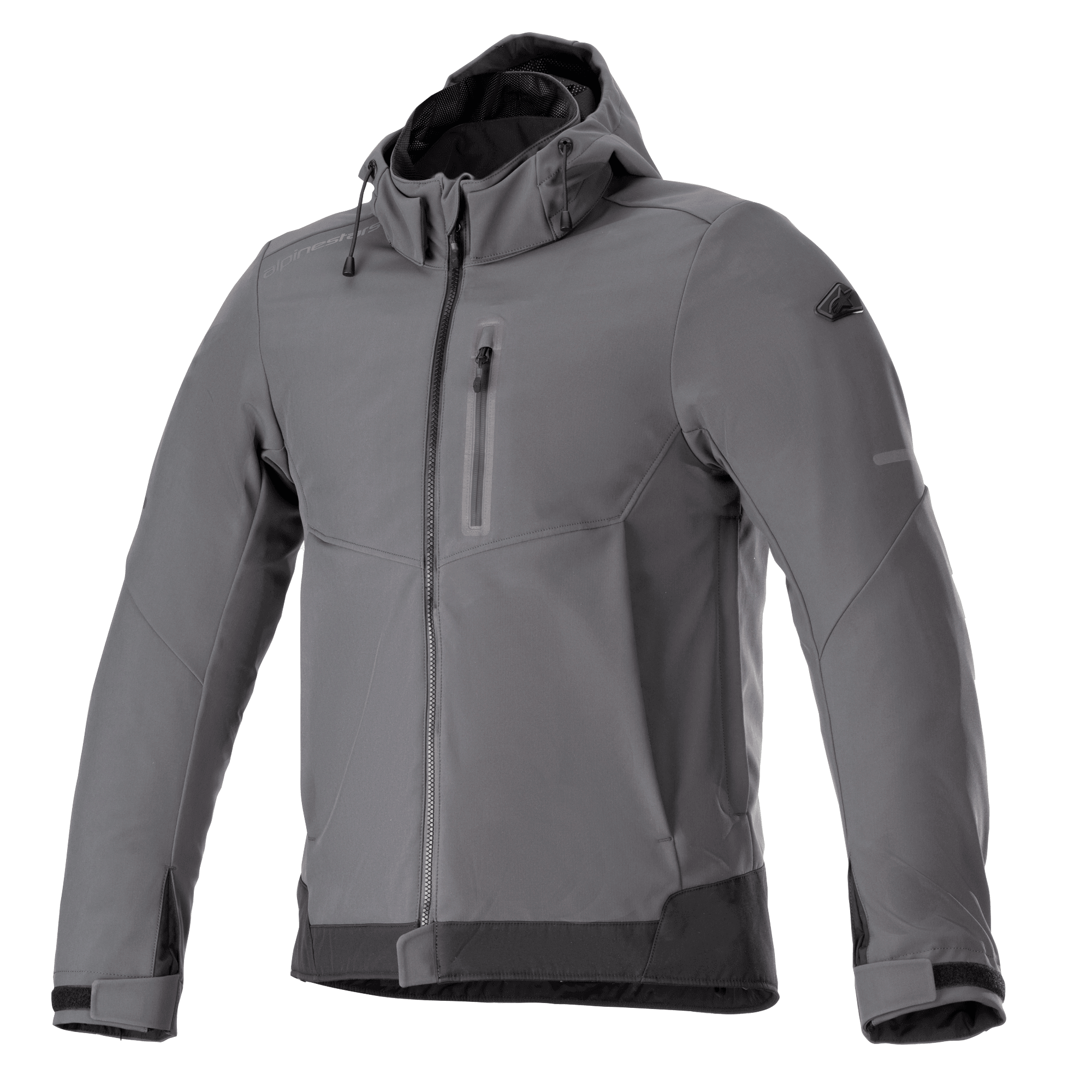 Alpinestars Neo Waterproof Hoodie, chaqueta de moto urbana, gris y negro, chaqueta con capucha y cremallera frontal con bolsillo en el pecho, puños ajustables con velcro, softshell técnico resistente a la intemperie, diseño moderno y elegante