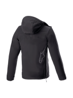 Alpinestars Sherpa Hoodie, black softshell urban motorcycle jacket, back view with reflective logo and side zip.