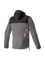 Alpinestars Sherpa Hoodie, Men's Urban Riding Jacket, Black and Tar Gray Softshell, Red Fluo logo, Rear View, Tech-Air Ready.