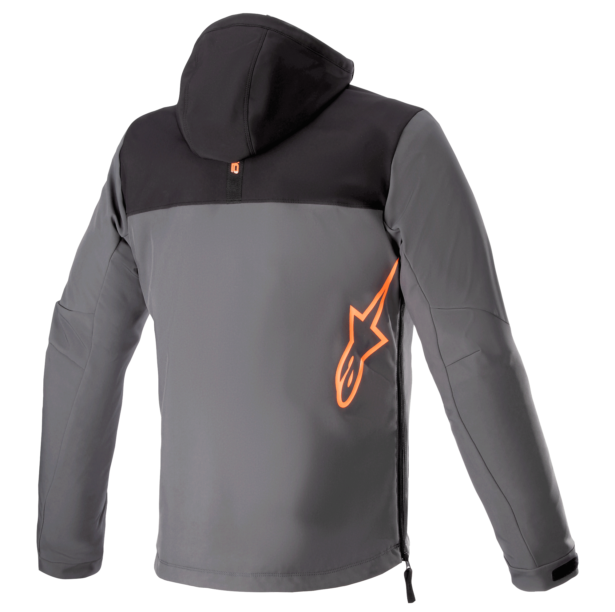 Alpinestars Sherpa Hoodie, vista trasera, chaqueta técnica de moto en negro y gris, logotipo grande de Alpinestars en naranja fluorescente en la parte inferior de la espalda, entrada con cremallera lateral, equipamiento de conducción urbana en softshell