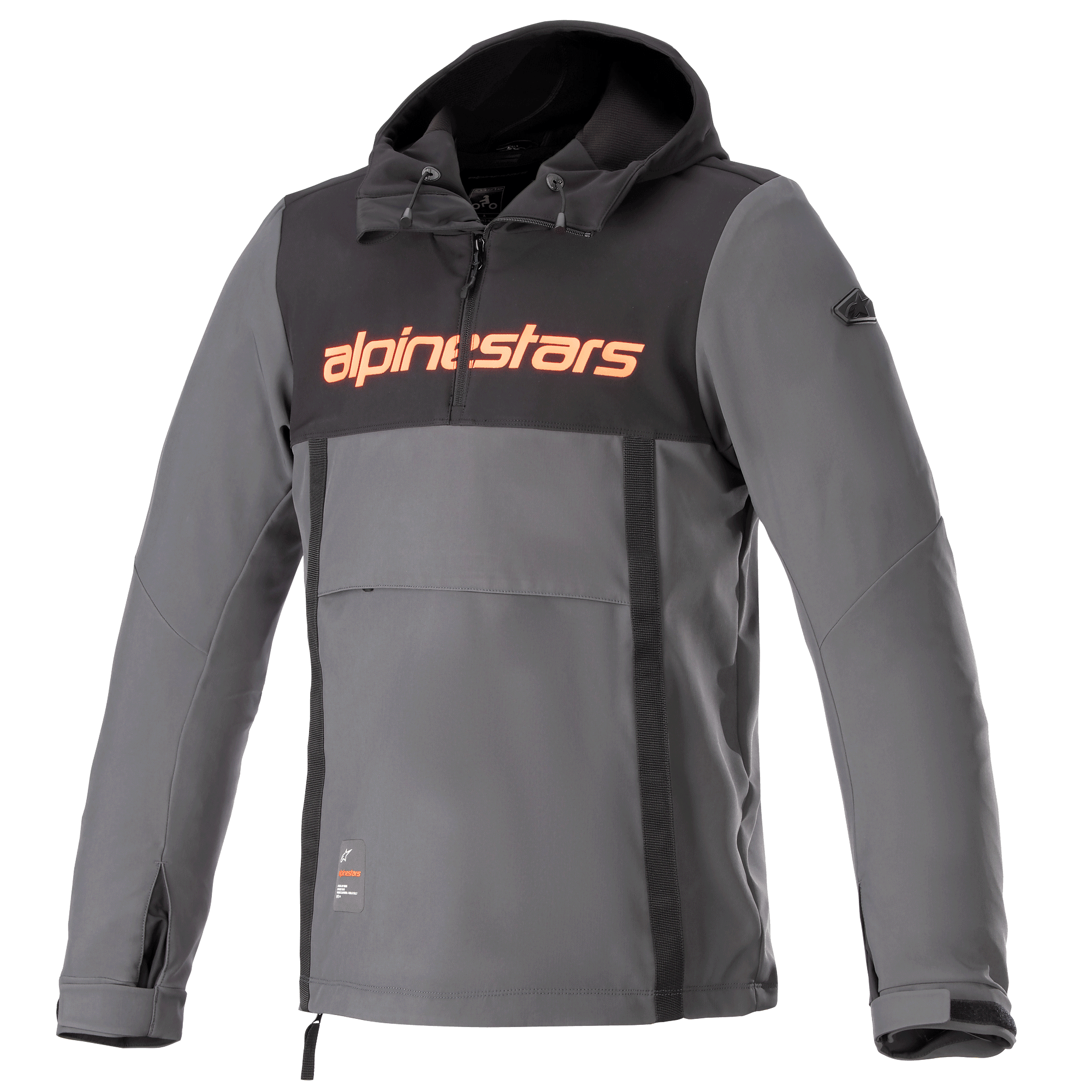 Alpinestars Sherpa Hoodie, chaqueta técnica urbana de motociclismo, gris con panel negro en el pecho y logo naranja, estilo anorak con bolsillo delantero y puños ajustables, diseño de softshell cortaviento