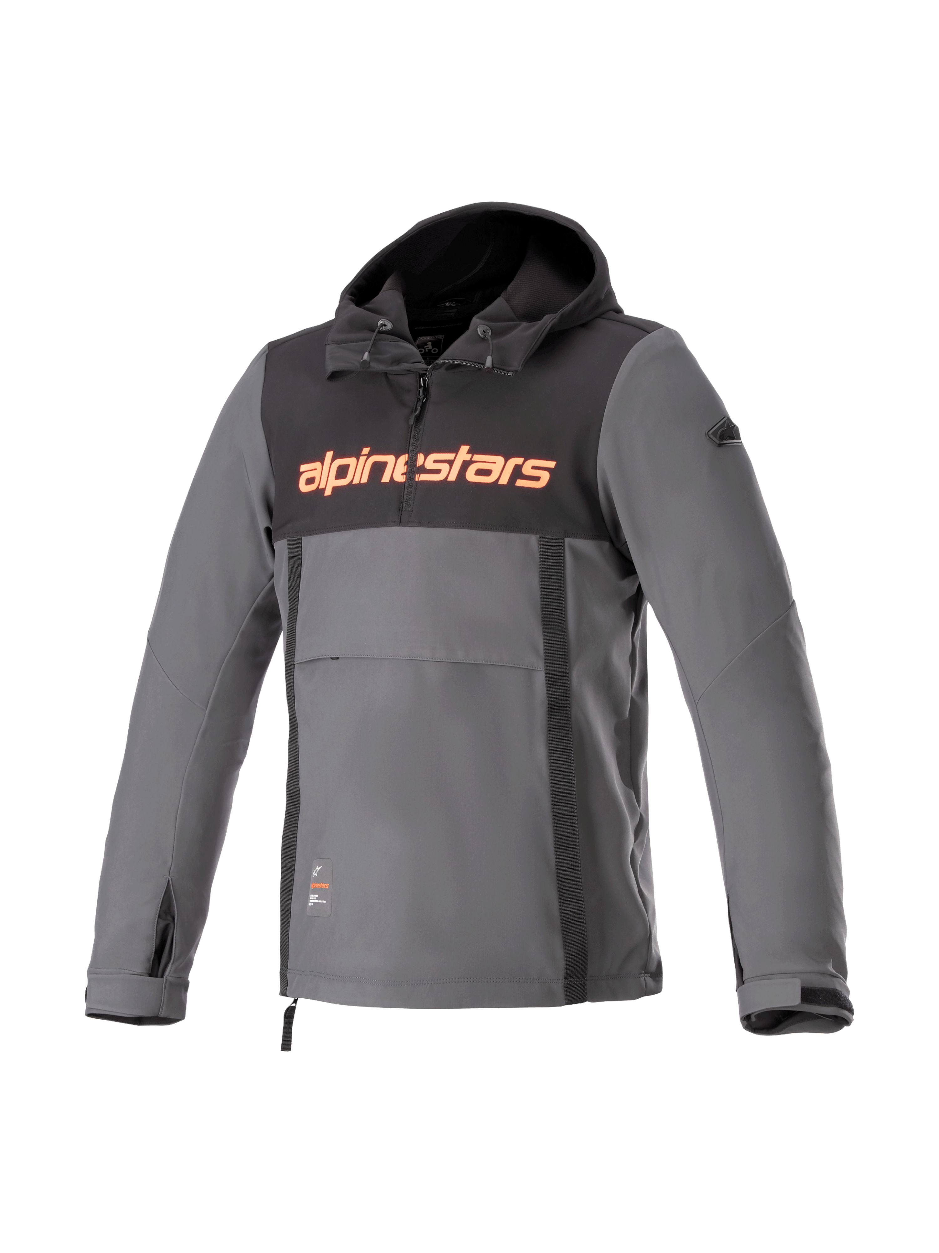 Alpinestars Sherpa Hoodie, sudadera con capucha para moto de estilo anorak, para hombre, gris y negra, softshell cortavientos con logotipo rojo flúor.