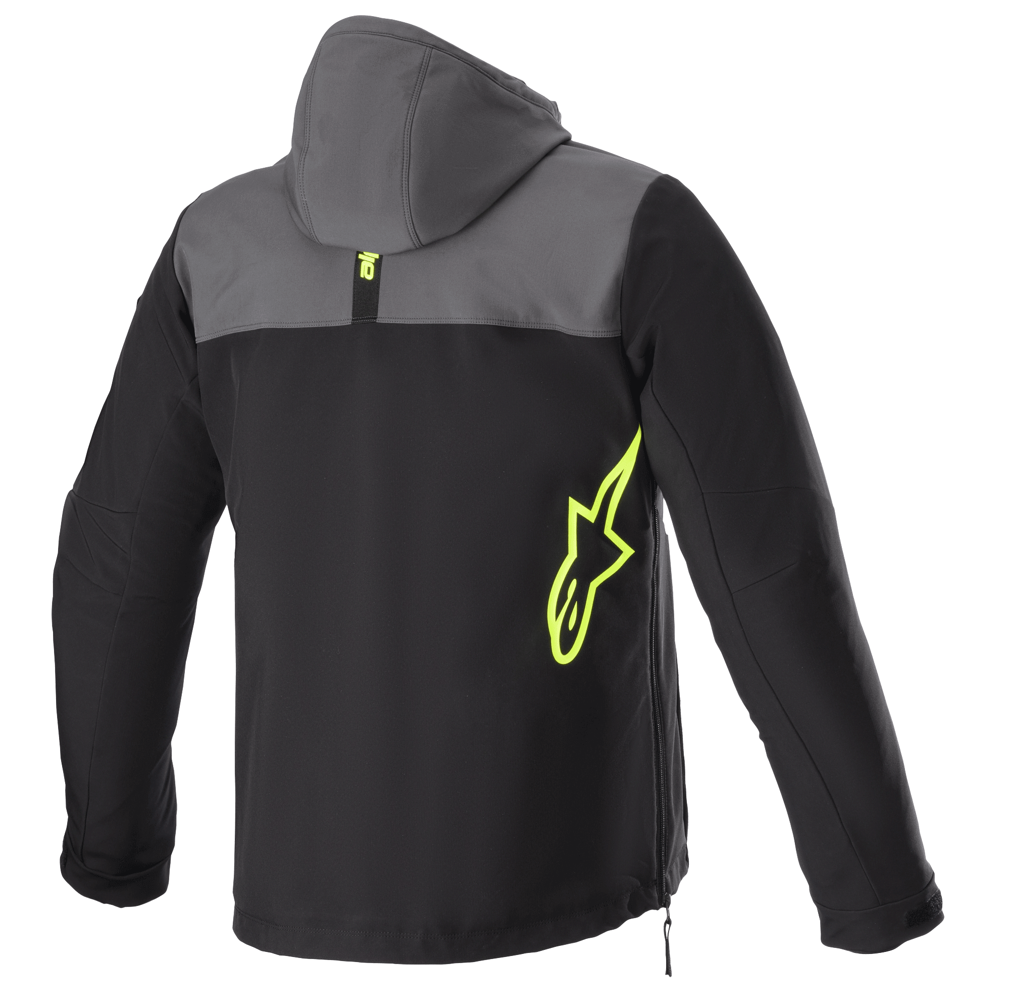 Alpinestars Sherpa Hoodie, vista posterior, color gris y negro con acentos en amarillo flúor, logotipo de estrella amarillo neón en el lateral, chaqueta de moto softshell con capucha, detalle de cremallera lateral, ropa técnica para desplazamientos urbanos