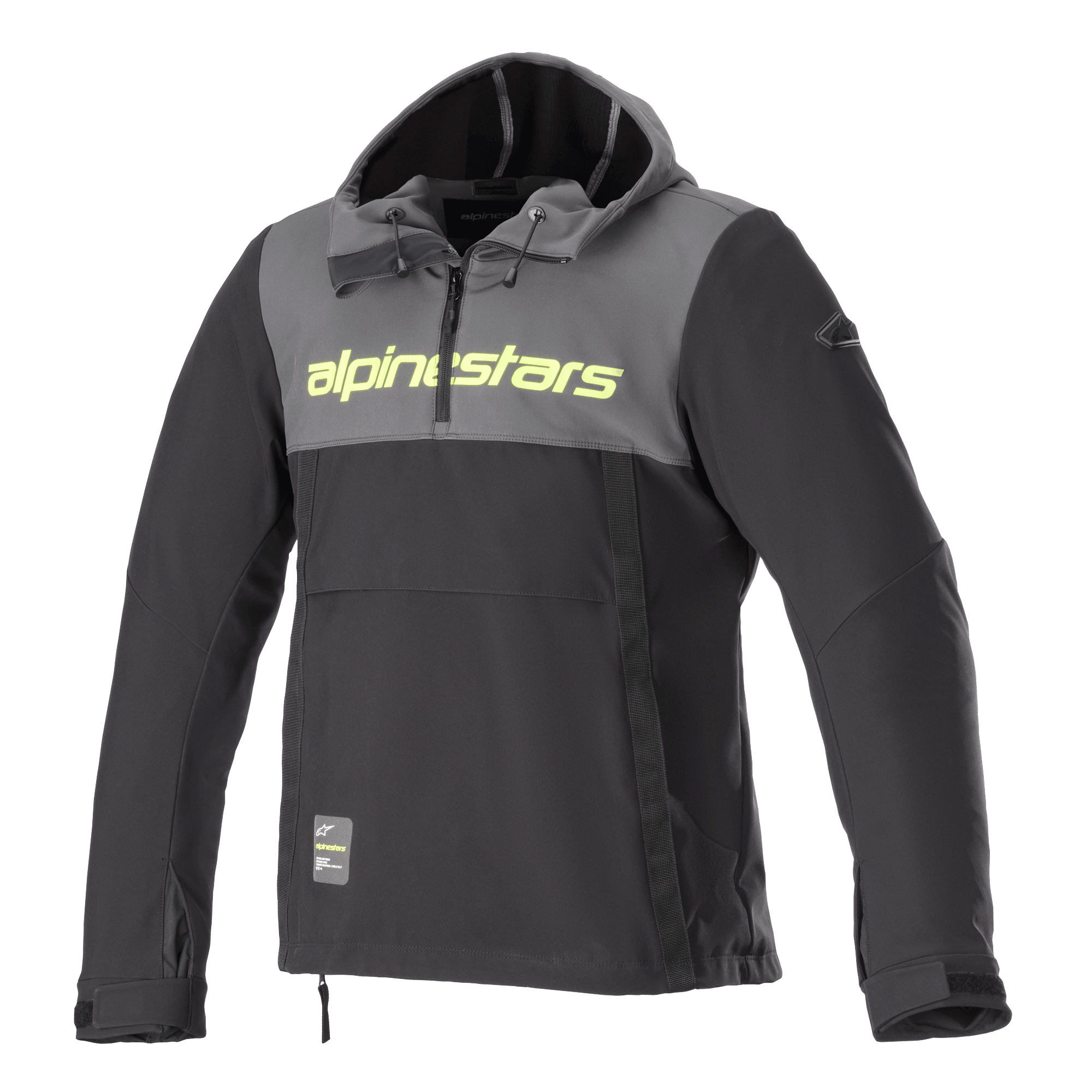 Alpinestars Sherpa Hoodie, sudadera técnica para moto, gris oscuro y negro, logotipo en amarillo flúor en el pecho, estilo anorak con capucha y media cremallera, chaqueta de conducción urbana de softshell