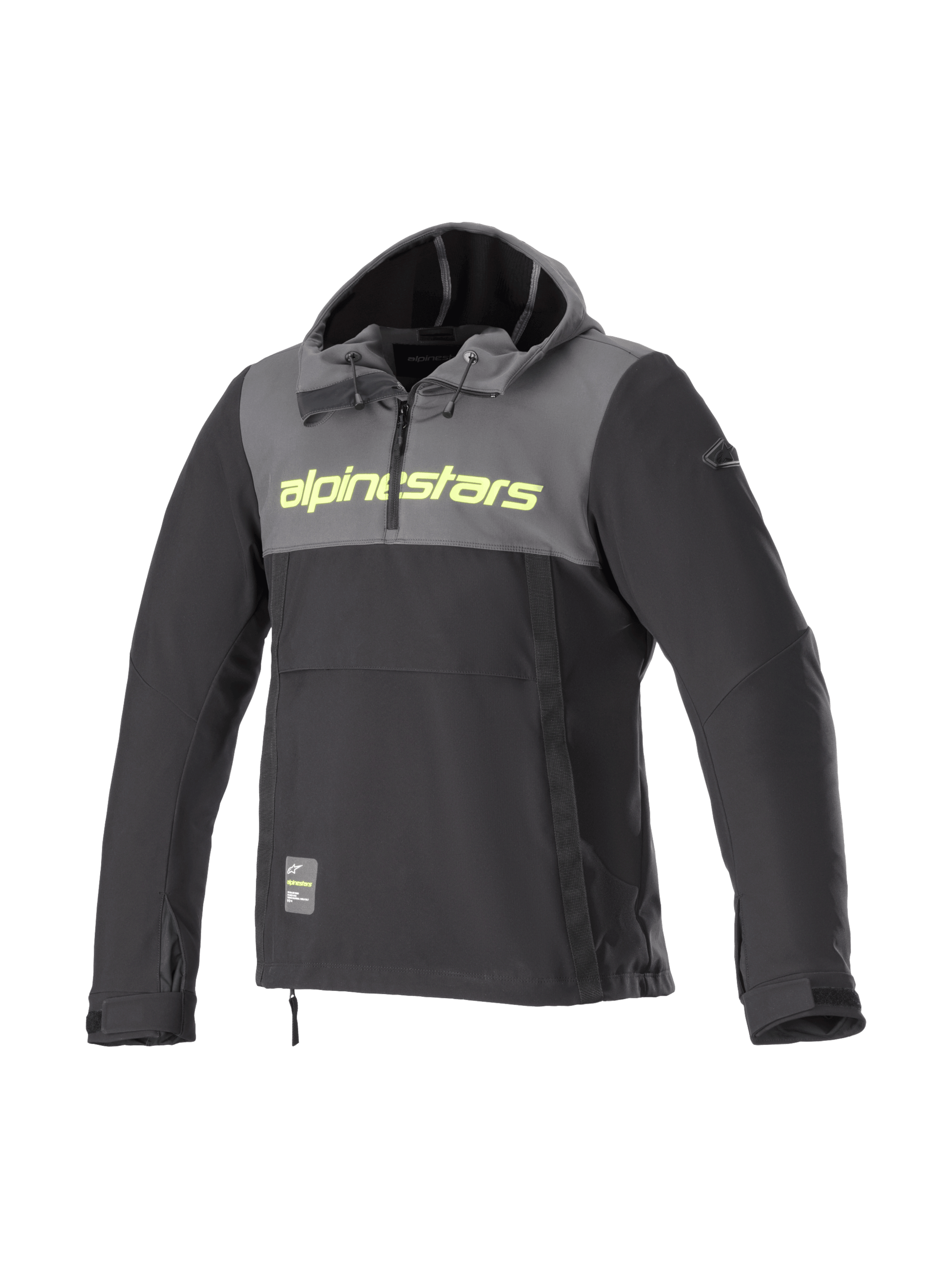 Alpinestars Sudadera Sherpa, chaqueta de moto gris y negra, softshell cortavientos con capucha y logo amarillo fluo