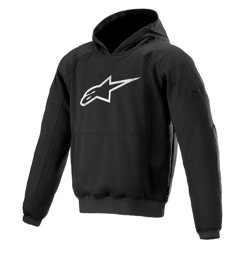 Alpinestars Ageless Hoodie, sudadera para moto de estilo urbano, negra con logo de estrella blanco, estilo pullover con bolsillo canguro, puños y dobladillo acanalados, diseño casual inspirado en el motorsport