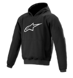 Alpinestars Ageless Hoodie, sudadera para moto de estilo urbano, negra con logo de estrella blanco, estilo pullover con bolsillo canguro, puños y dobladillo acanalados, diseño casual inspirado en el motorsport