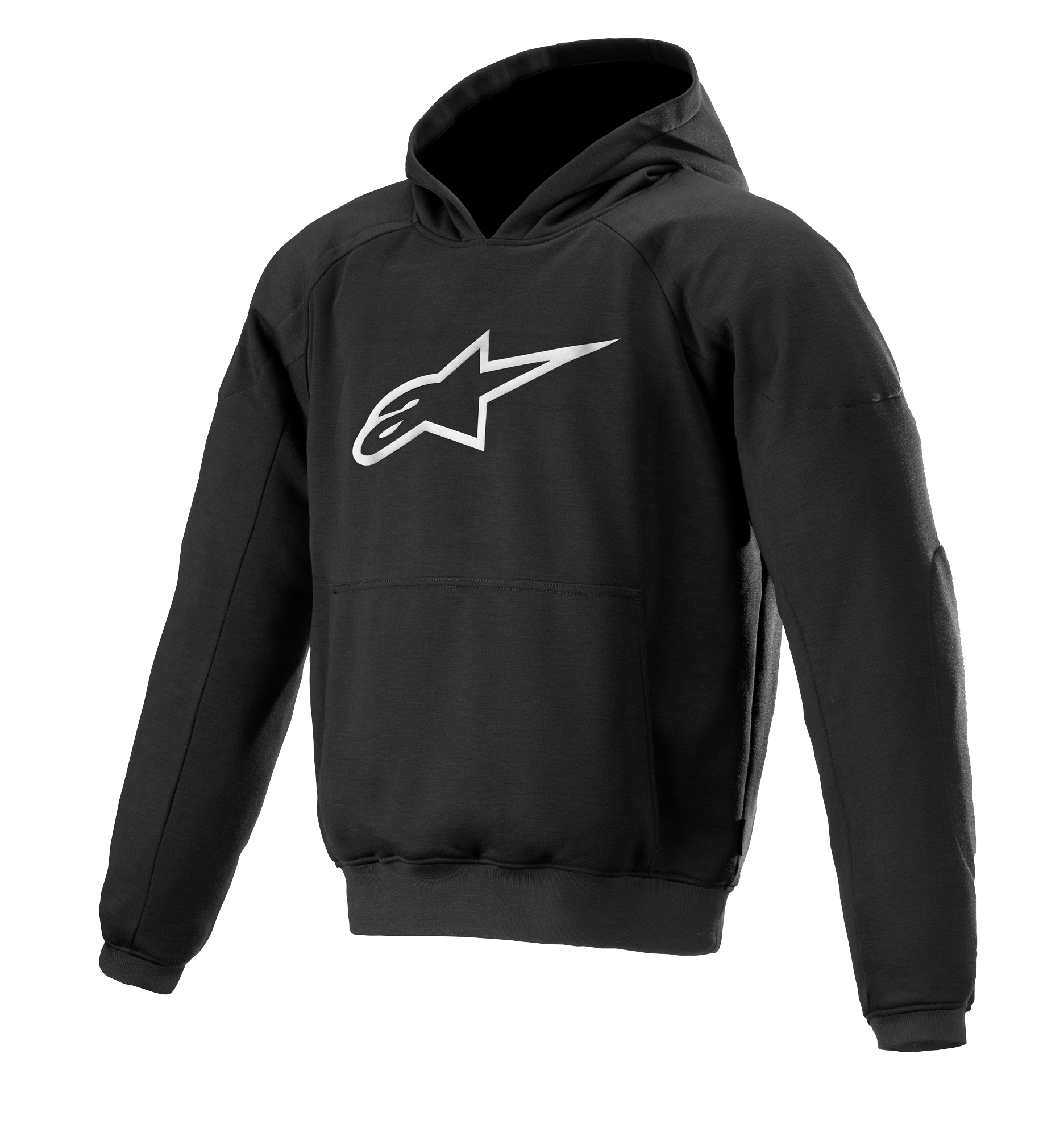 Alpinestars Ageless Hoodie, sudadera para moto de estilo urbano, negra con logo de estrella blanco, estilo pullover con bolsillo canguro, puños y dobladillo acanalados, diseño casual inspirado en el motorsport