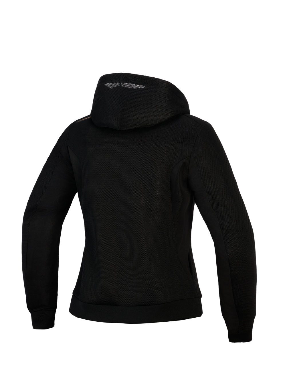 Alpinestars Stella Chrome Superairflow Hoodie para mujer, sudadera de moto para mujer, negra, vista trasera con construcción de malla 3D, diseño con capucha y detalle de logotipo en color cobre en el hombro