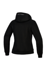 Alpinestars Stella Chrome Superairflow Hoodie para mujer, sudadera de moto para mujer, negra, vista trasera con construcción de malla 3D, diseño con capucha y detalle de logotipo en color cobre en el hombro