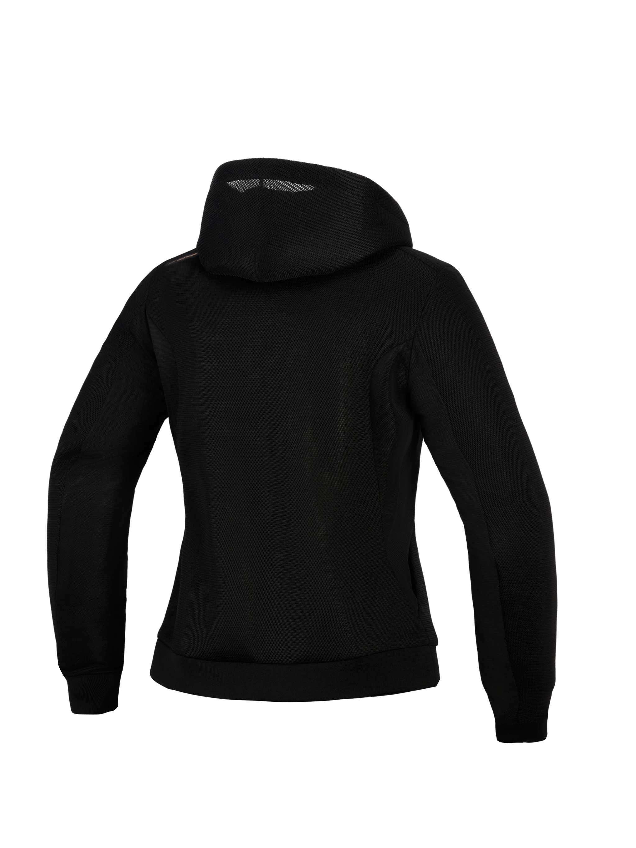 Alpinestars Stella Chrome Superairflow Hoodie para mujer, sudadera de moto para mujer, negra, vista trasera con construcción de malla 3D, diseño con capucha y detalle de logotipo en color cobre en el hombro