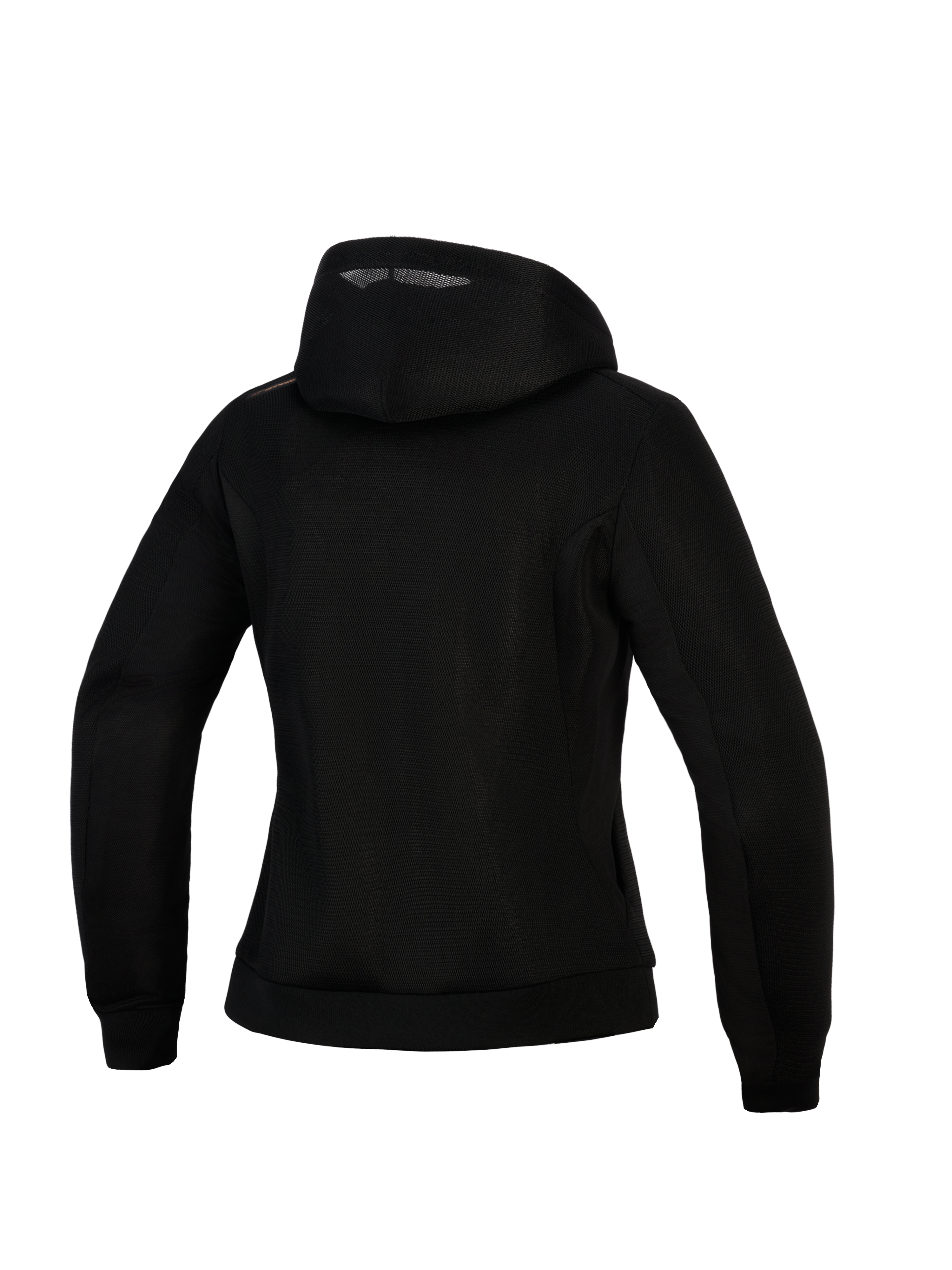 Alpinestars Stella Chrome Superairflow Hoodie para mujer, sudadera de moto para mujer, negra, vista trasera con construcción de malla 3D, diseño con capucha y detalle de logotipo en color cobre en el hombro