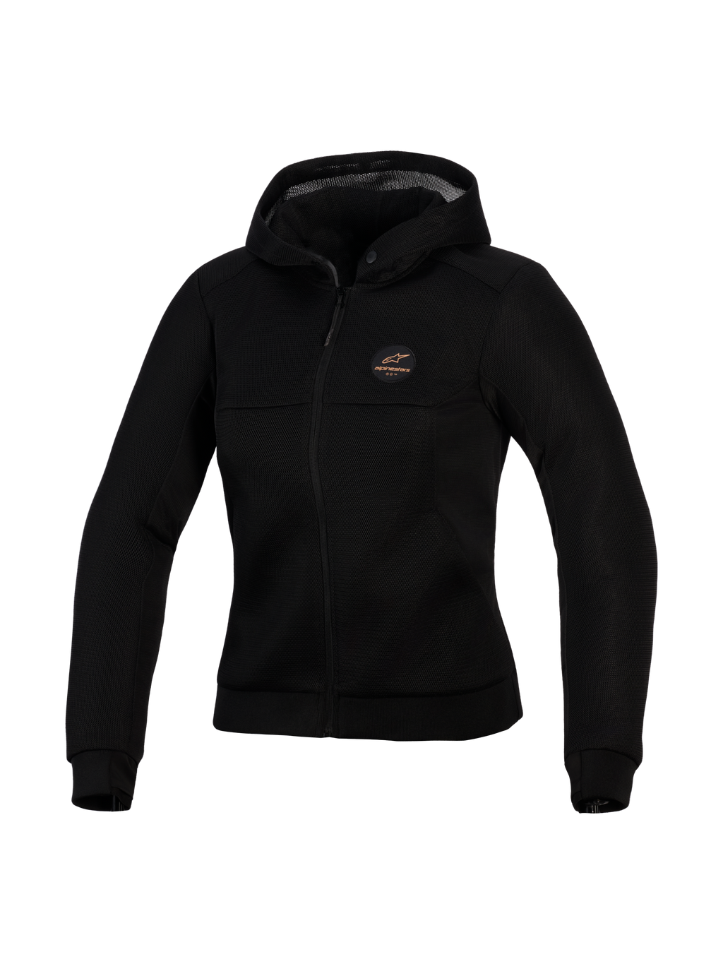 Alpinestars Stella Chrome Superairflow Hoodie, sudadera técnica de moto para mujer, negra, con construcción de malla 3D, parche con logotipo en color cobre en el pecho, cremallera frontal completa y capucha, diseñada para máxima ventilación y protección urbana