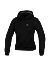 Alpinestars Stella Chrome Superairflow Hoodie, sudadera técnica de moto para mujer, negra, con construcción de malla 3D, parche con logotipo en color cobre en el pecho, cremallera frontal completa y capucha, diseñada para máxima ventilación y protección urbana