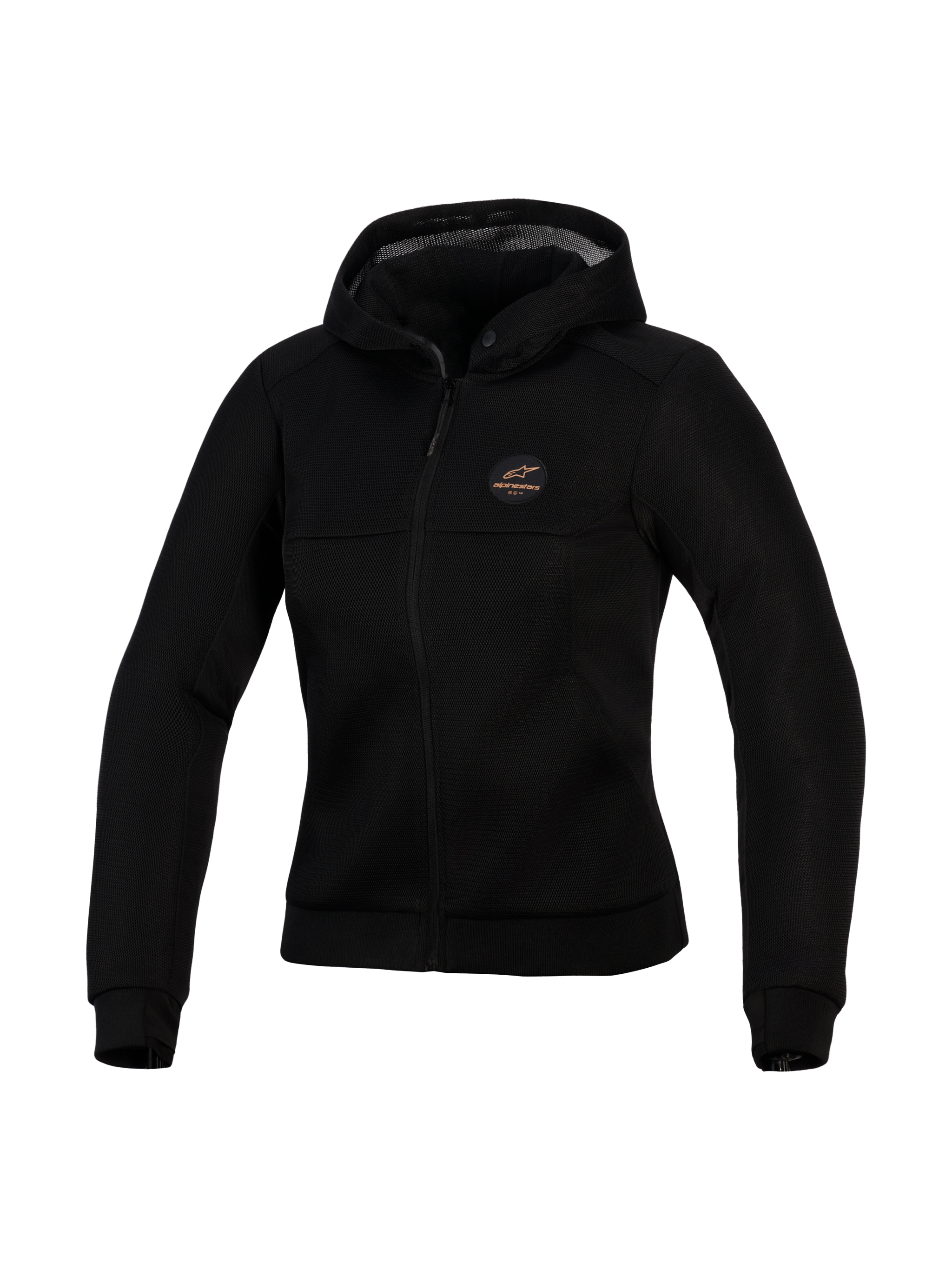 Alpinestars Stella Chrome Superairflow Hoodie, sudadera técnica de moto para mujer, negra, con construcción de malla 3D, parche con logotipo en color cobre en el pecho, cremallera frontal completa y capucha, diseñada para máxima ventilación y protección urbana