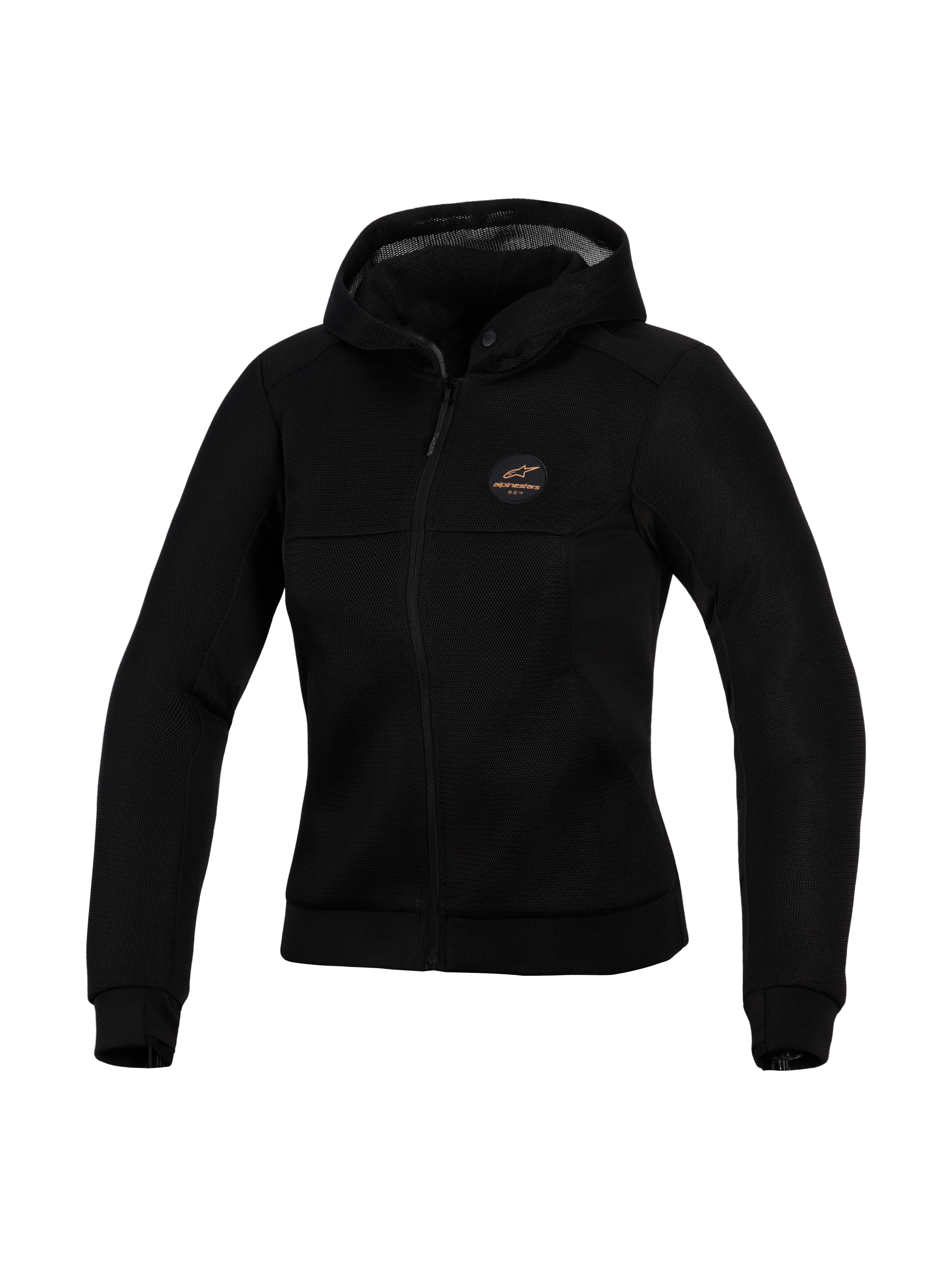 Alpinestars Stella Chrome Superairflow Hoodie, sudadera técnica de moto para mujer, negra, con construcción de malla 3D, parche con logotipo en color cobre en el pecho, cremallera frontal completa y capucha, diseñada para máxima ventilación y protección urbana